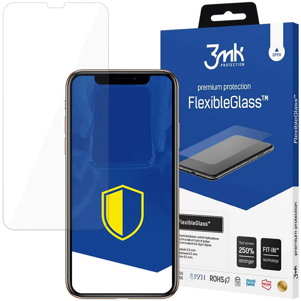 Un telefono con protezione schermo, una scatola con la scritta FlexibleGlass e una protezione schermo.