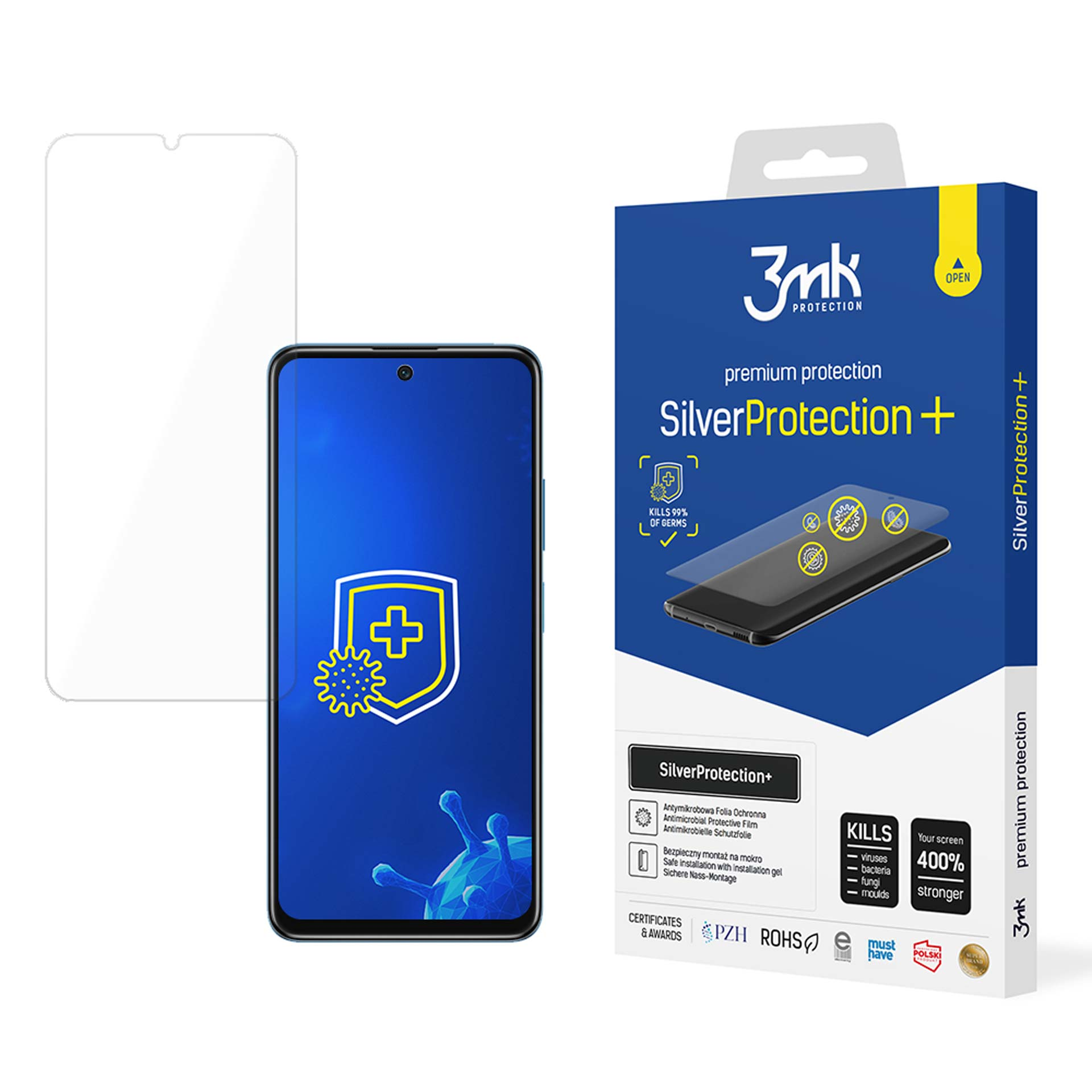 Vengono mostrati un telefono e una scatola di protezione dello schermo. La scatola ha un testo su Silver Protection e uccide il 99% dei germi.