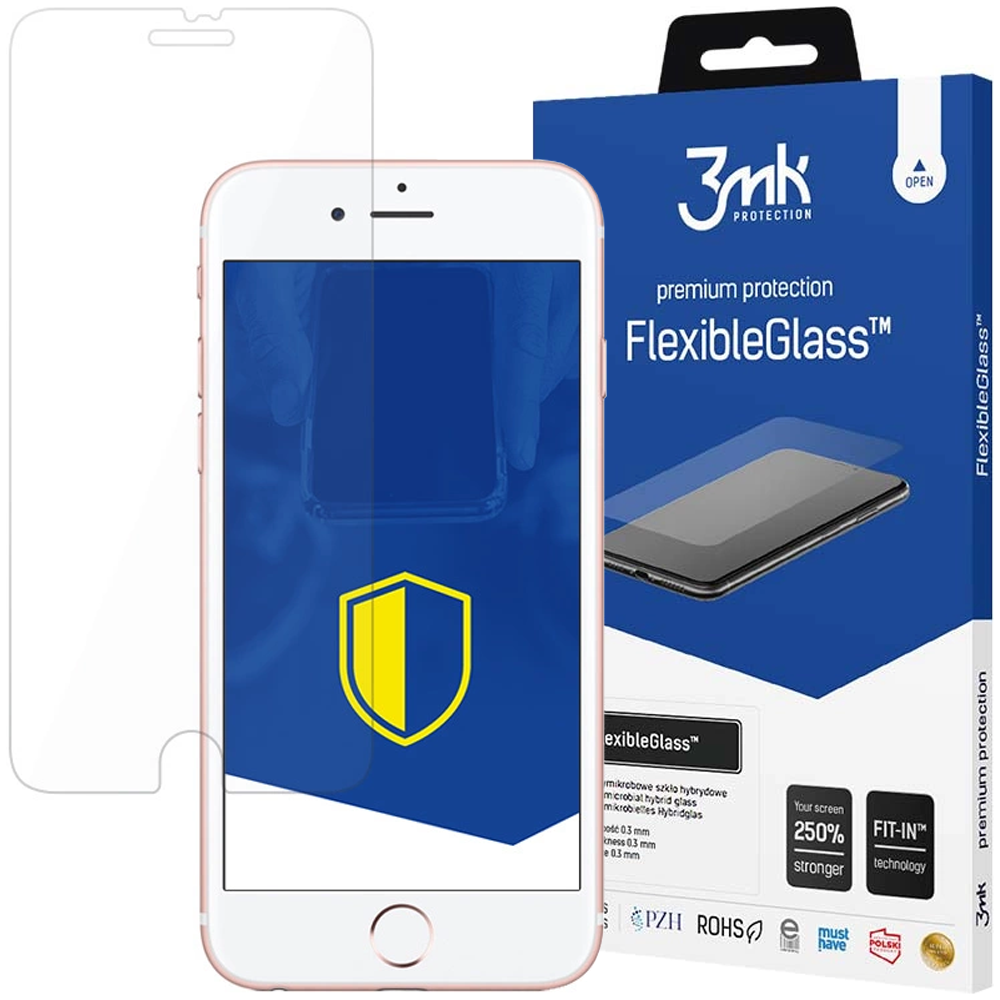 Telefon z ochroną ekranu, pudełko FlexibleGlass i ochrona. Telefon jest biały, a pudełko niebieskie.