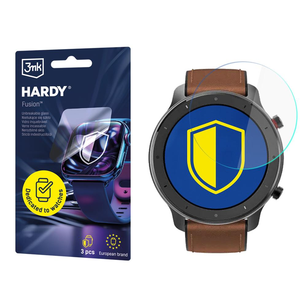 Smartwatch z ochroną ekranu, opakowanie produktu z tekstem i logo oraz ikoną tarczy na tarczy zegarka.