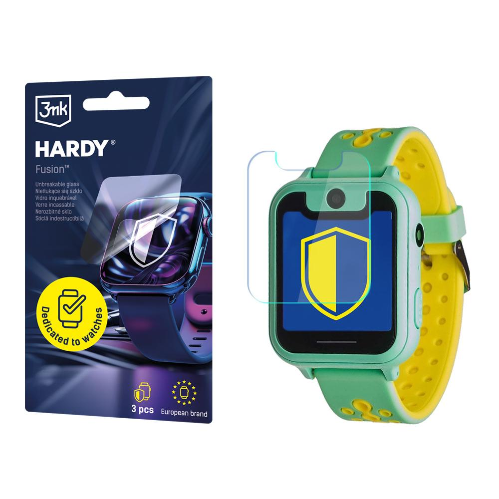 Smartwatch z ochraniaczem ekranu i opakowaniem. Zegarek jest zielono-żółty. Opakowanie jest niebiesko-białe.