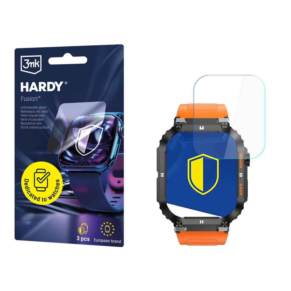 Ochraniacz ekranu smartwatcha i smartwatch. Ochraniacz jest przezroczysty, a zegarek czarny i pomarańczowy. Opakowanie po lewej.
