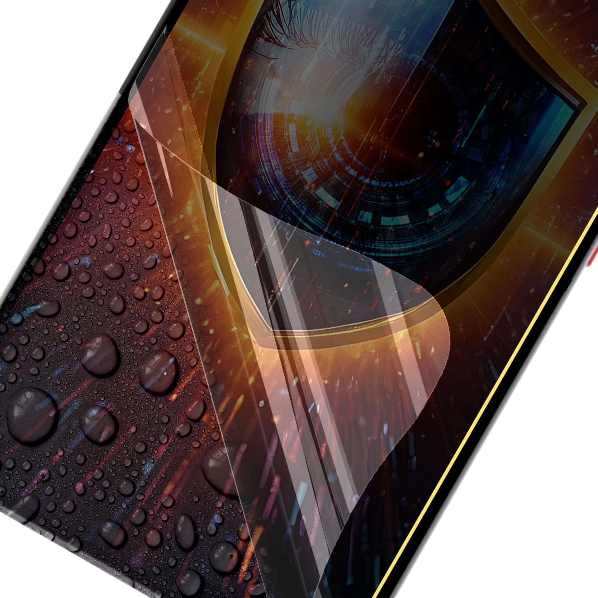 Schermo del telefono con effetto goccia d'acqua. Un'immagine dell'occhio è sovrapposta. Lo schermo è nero e la cornice gialla.
