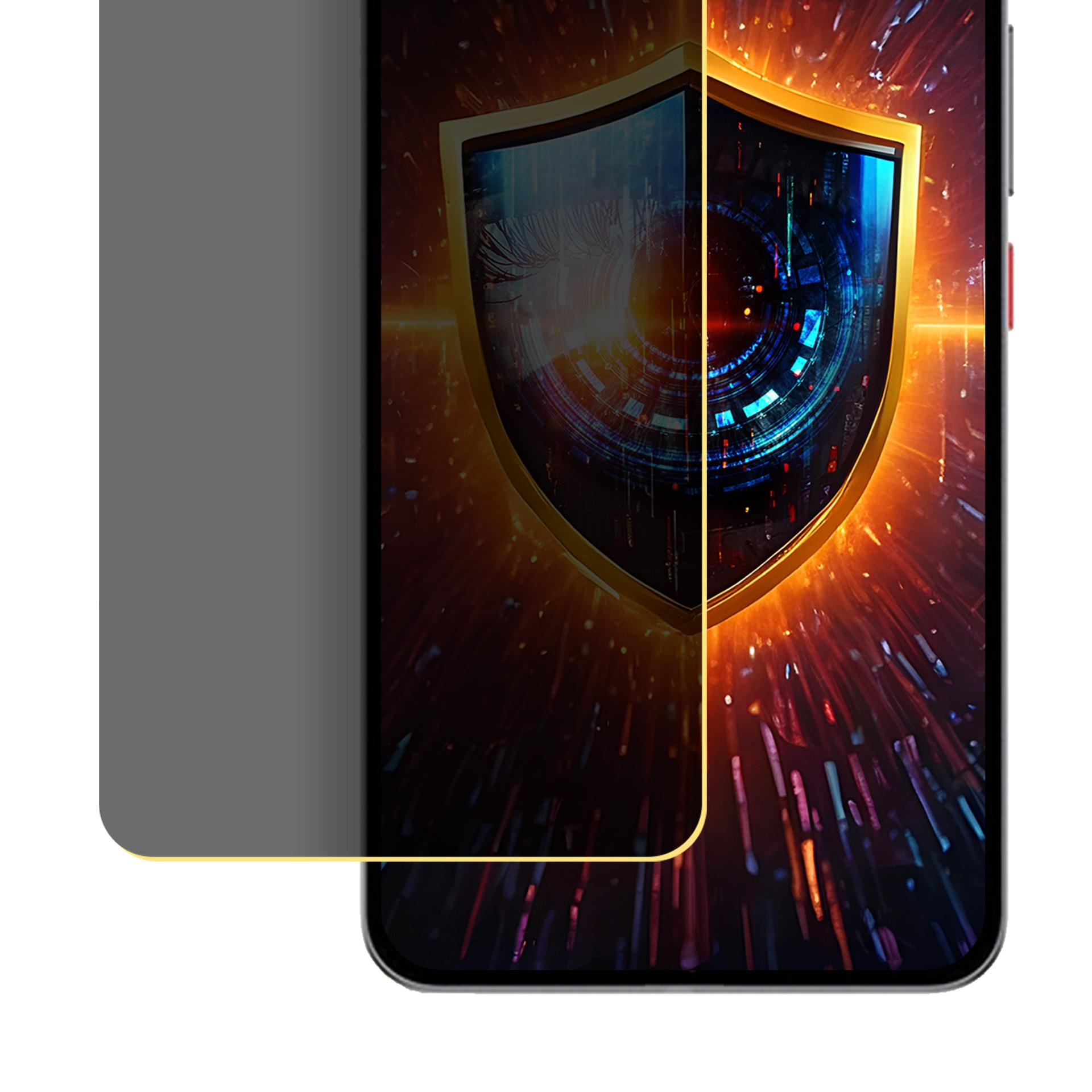 Uno schermo del telefono con un filtro privacy. Lo schermo mostra un design a scudo con un occhio. Lo sfondo è arancione.
