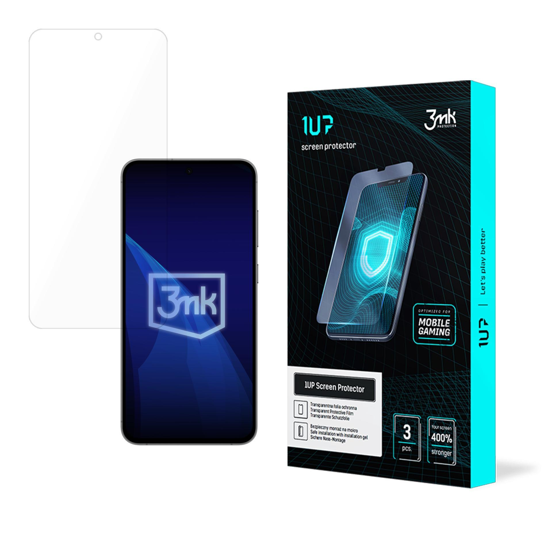 Una scatola di protezione dello schermo del telefono e un protettore applicato. La scatola ha un'immagine del telefono e testo, con un protettore davanti.