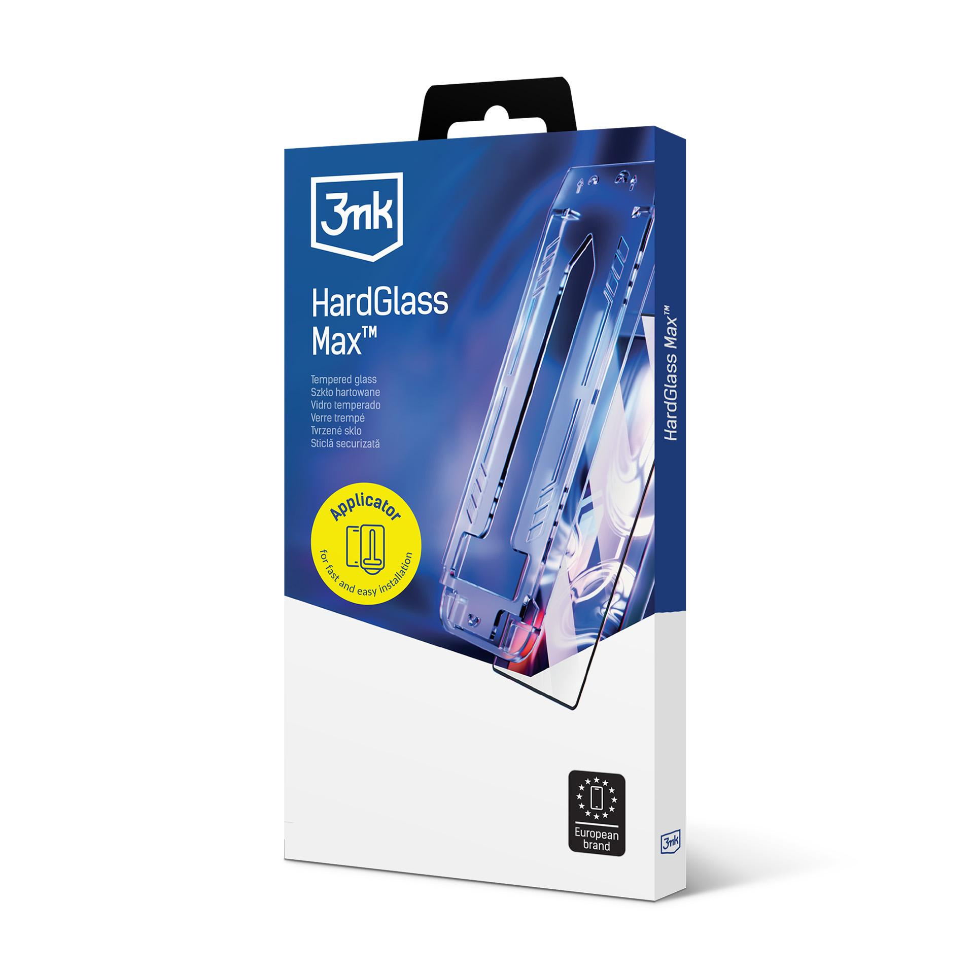 Una scatola di HardGlass Max di 3mk. Include una protezione schermo in vetro. La scatola è bianca e blu.