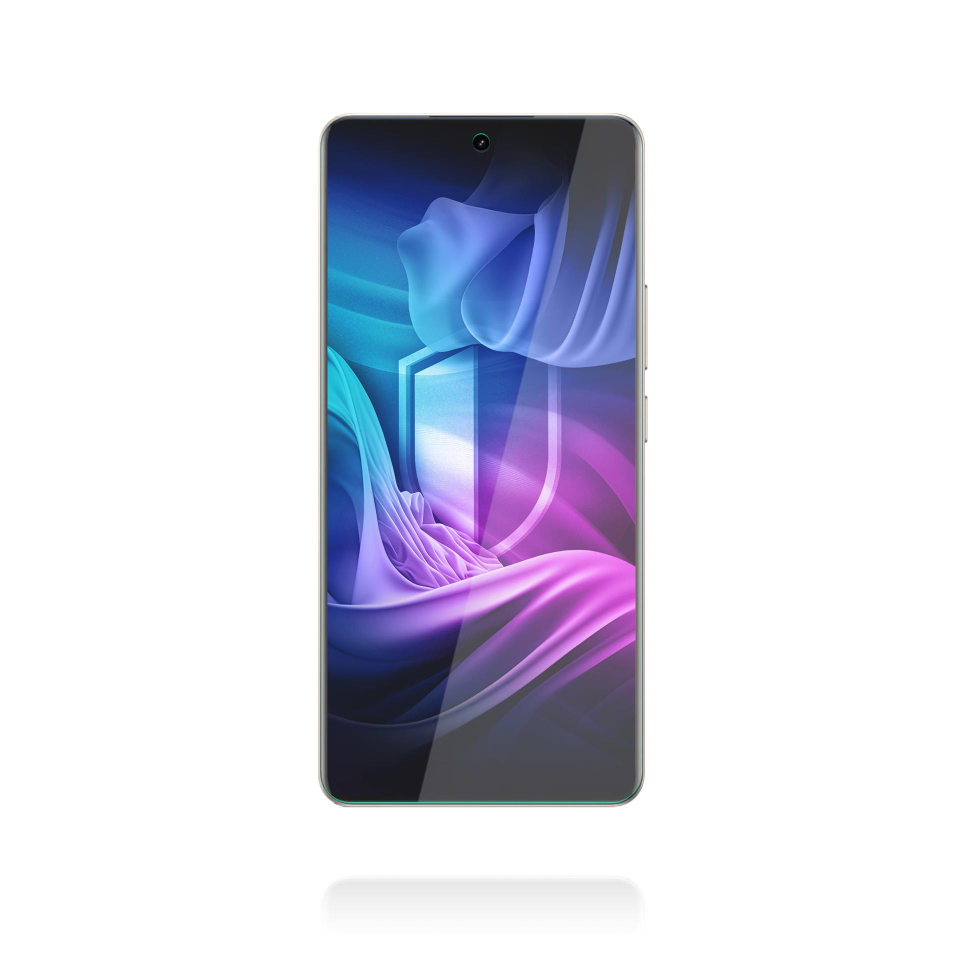 Uno smartphone mostra un'immagine astratta di uno scudo, con colori blu, viola e bianco su sfondo bianco.