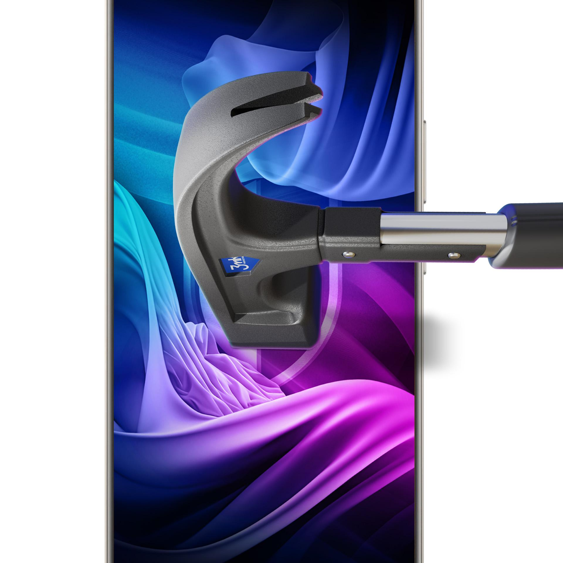 Uno schermo del telefono viene testato con uno strumento. Lo schermo ha uno sfondo astratto colorato. Lo strumento è grigio e nero.