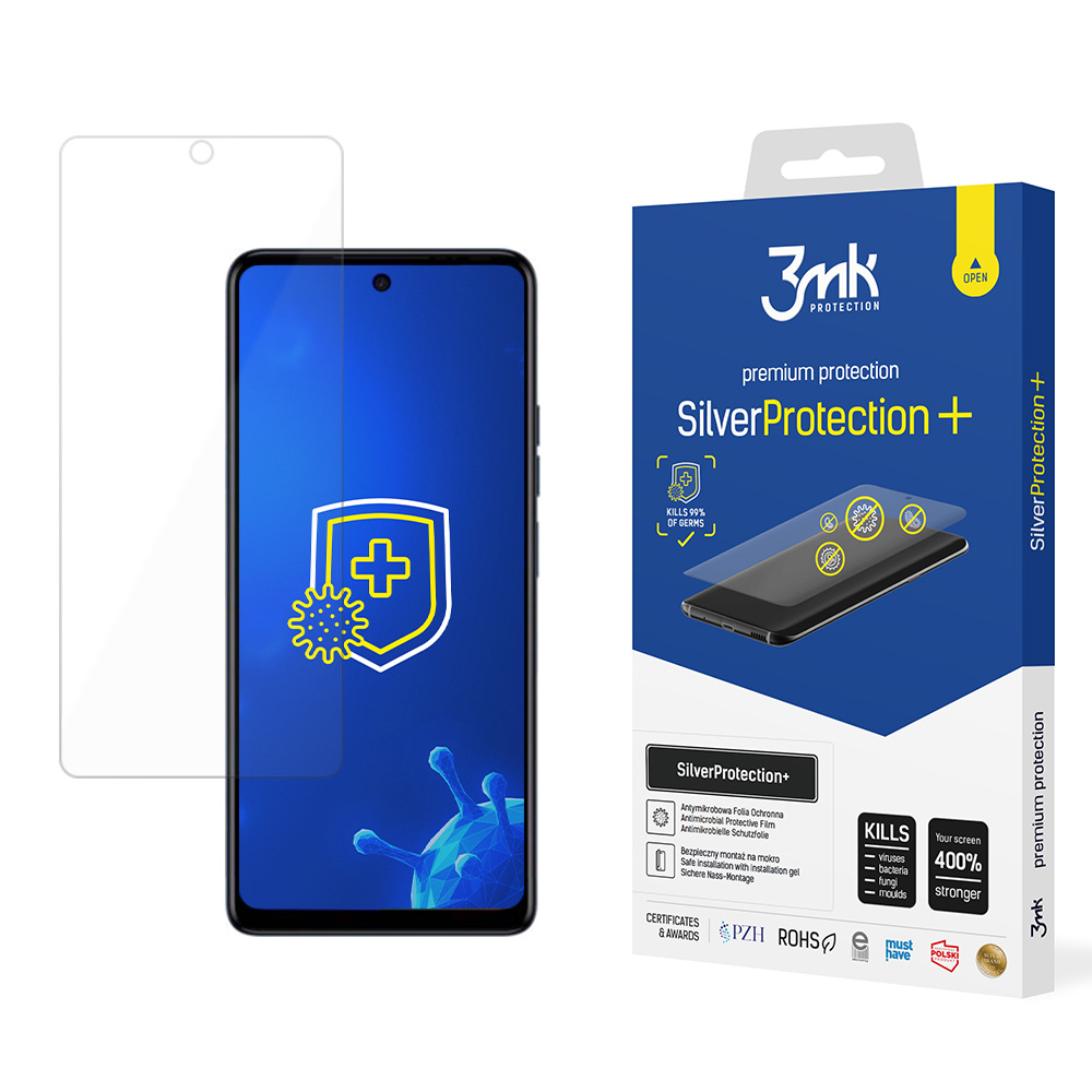 Un proteggi schermo per telefono e una scatola. La scatola dice Silver Protection, uccide il 99% dei germi e mostra un telefono.