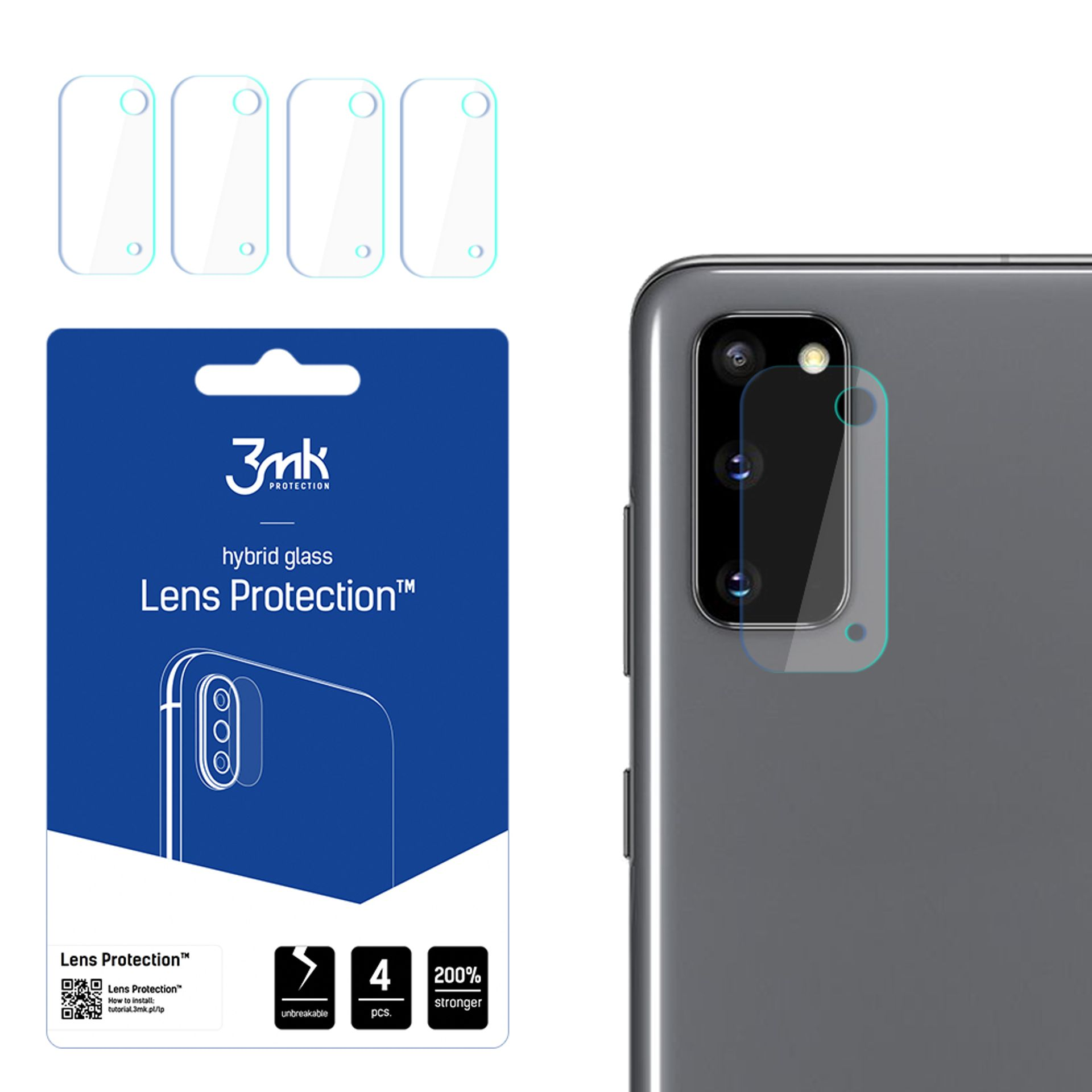 Un telefono e protezioni per lenti. La confezione mostra il nome e le caratteristiche del prodotto. Il telefono ha una protezione per lenti applicata.