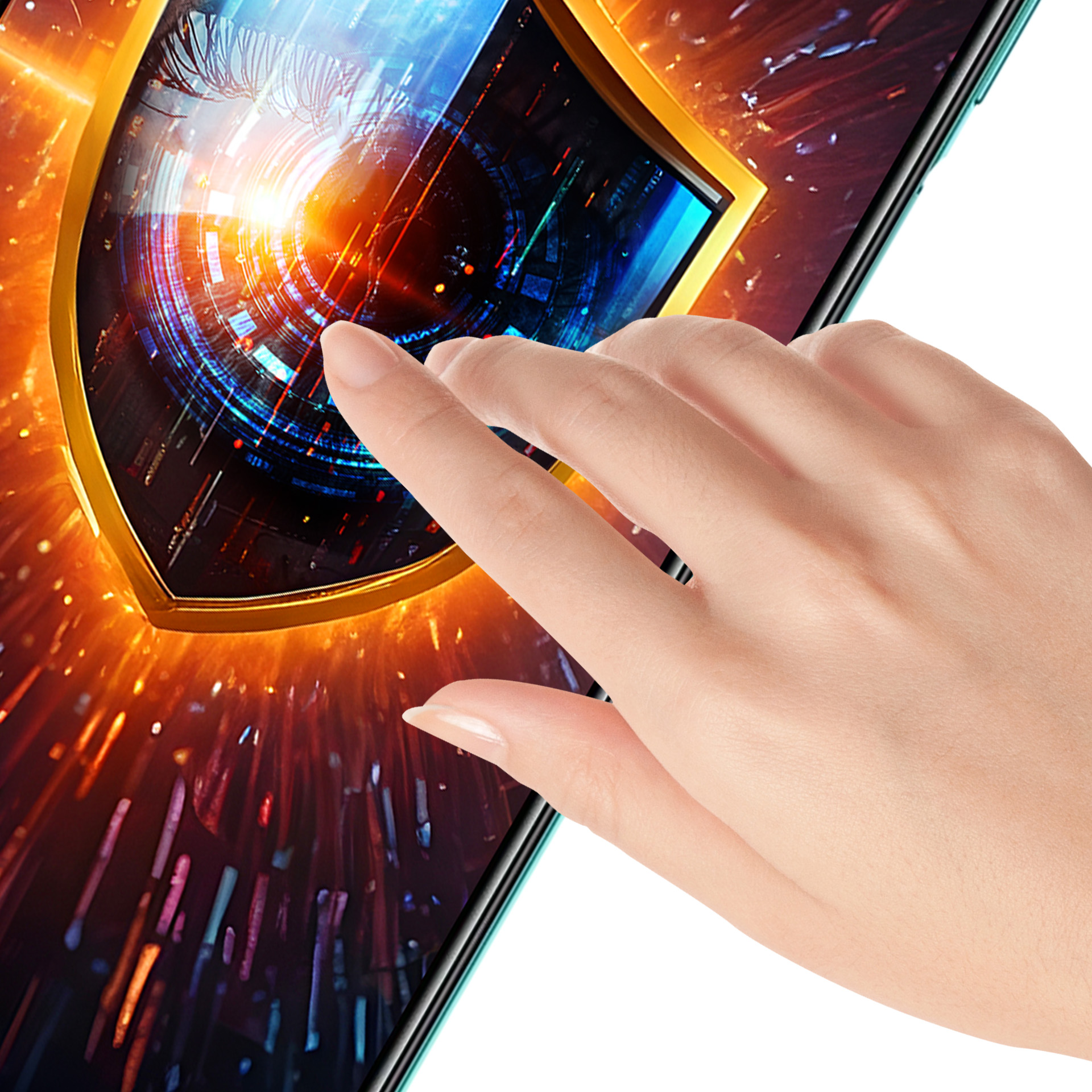Mano che tocca lo schermo di un telefono che mostra un design futuristico, con scudo d'oro e luci arancioni e blu.