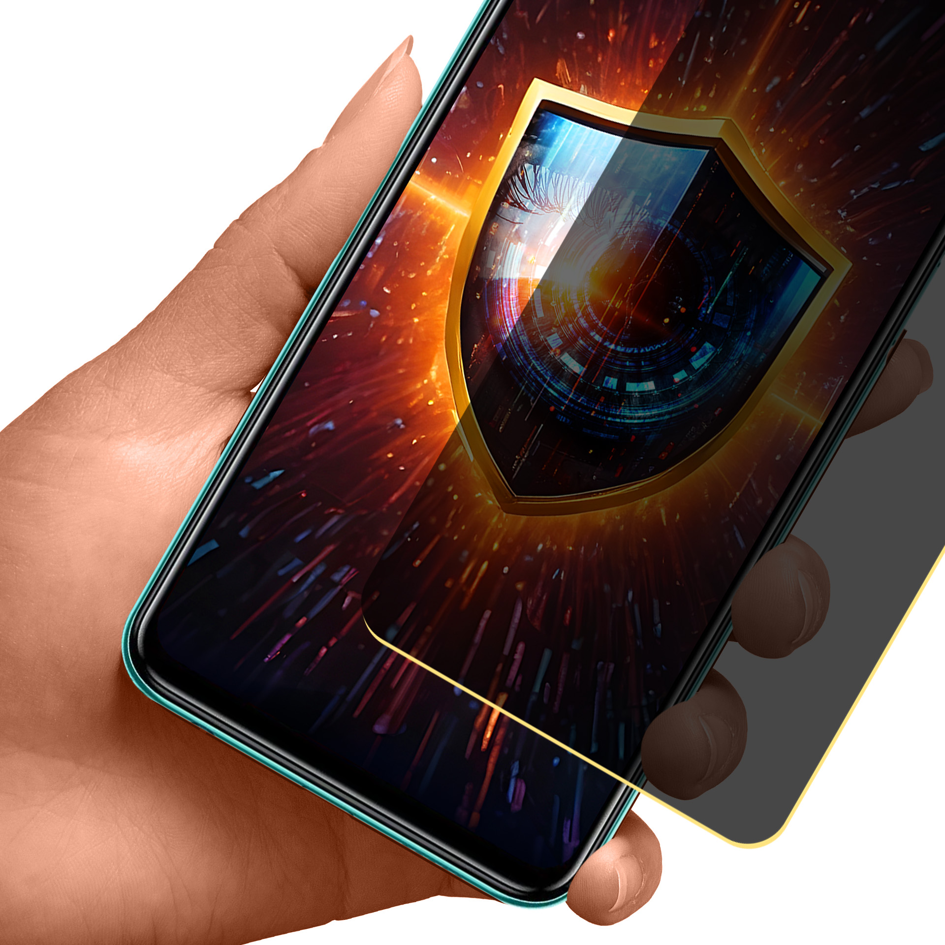 Mano che tiene uno smartphone. Lo schermo mostra un grafico a scudo. Lo sfondo è rosso e blu.