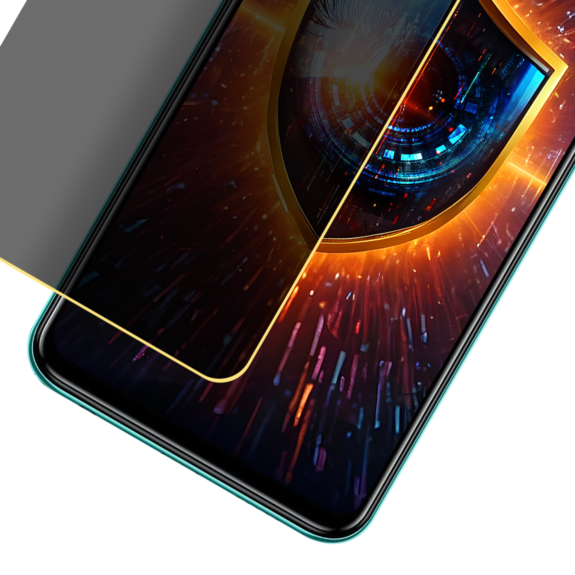 Schermo smartphone con pellicola privacy. Bordo dorato circonda schermo con design astratto. Pellicola grigio scuro copre la parte superiore.