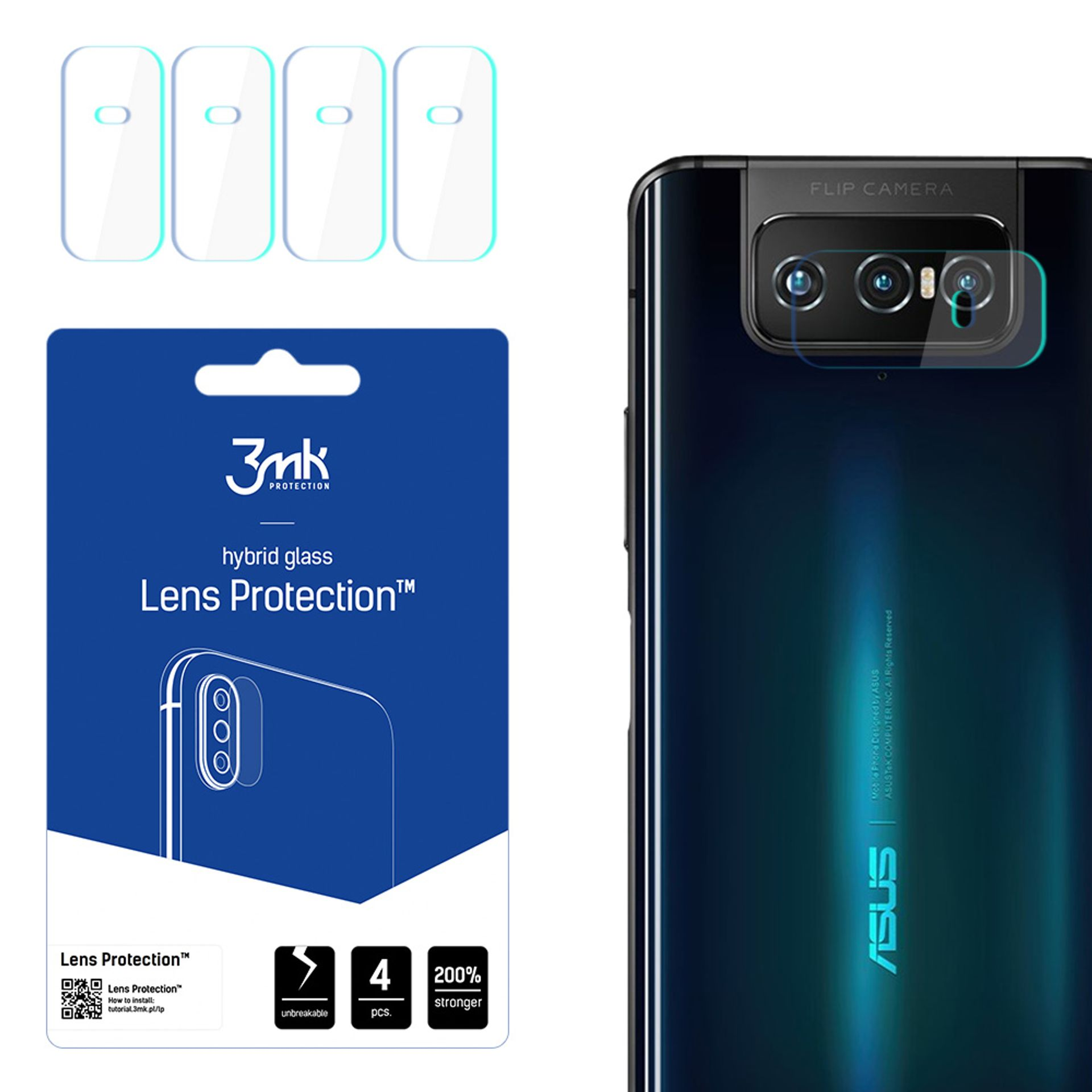 Un telefono e protezioni per lo schermo sono in mostra. Le protezioni sono sopra una confezione blu con testo, incluso il marchio 3mk.