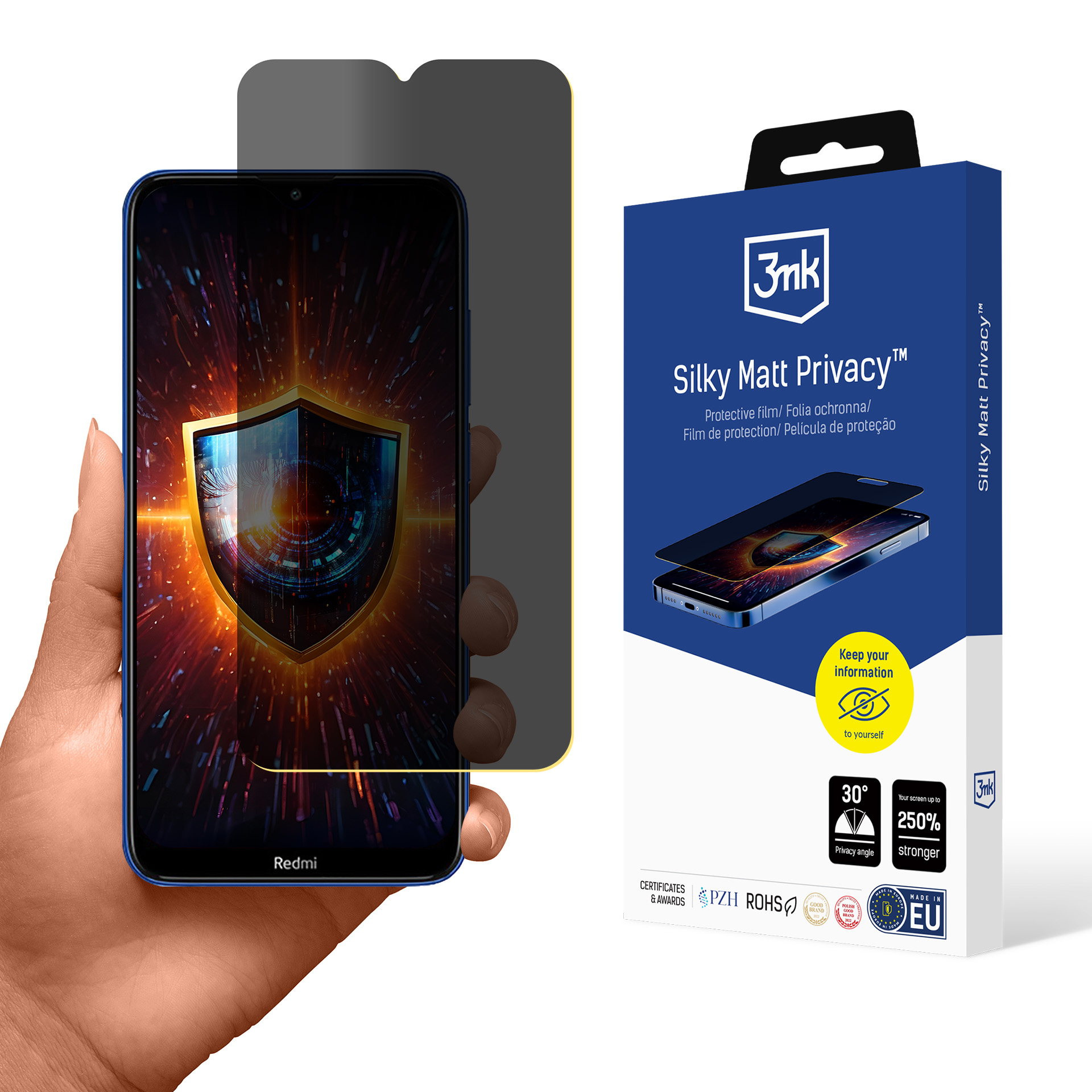 Mano che tiene un telefono con schermo privacy, accanto a una scatola. Lo schermo mostra uno scudo con sfondo infuocato.