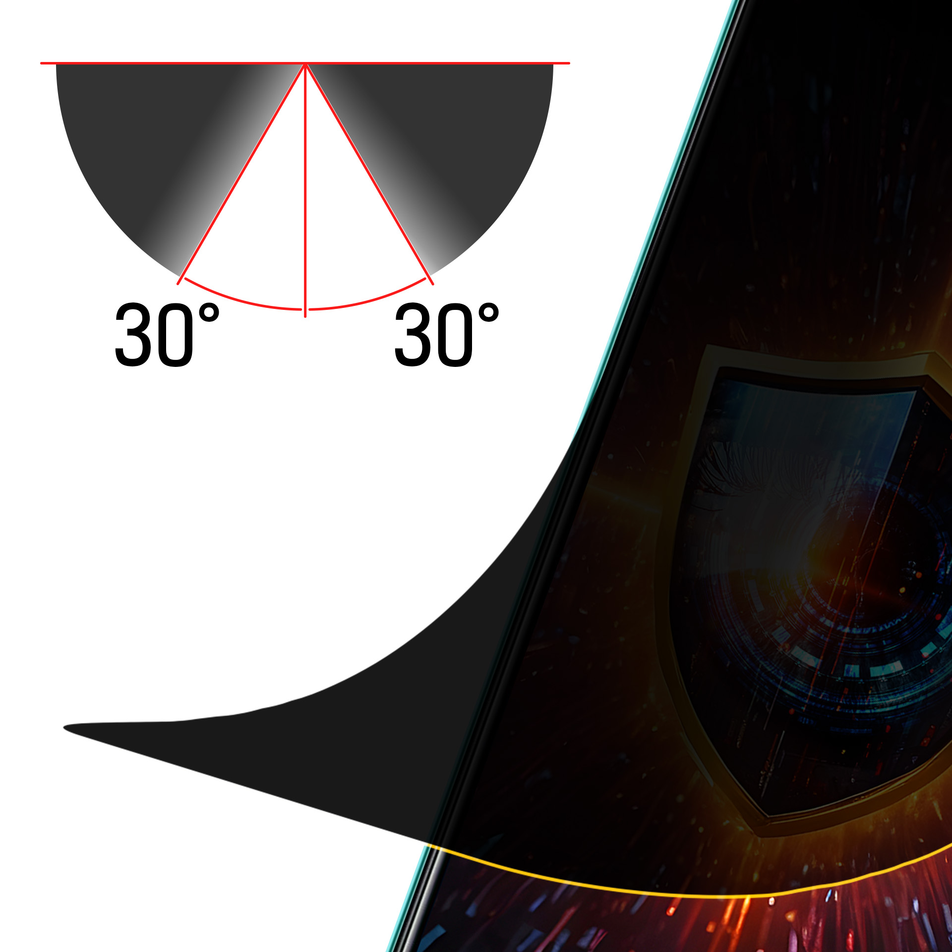 Diagramma con angolo di 30 gradi, forma curva nera e sfondo tecnologico con design oculare.
