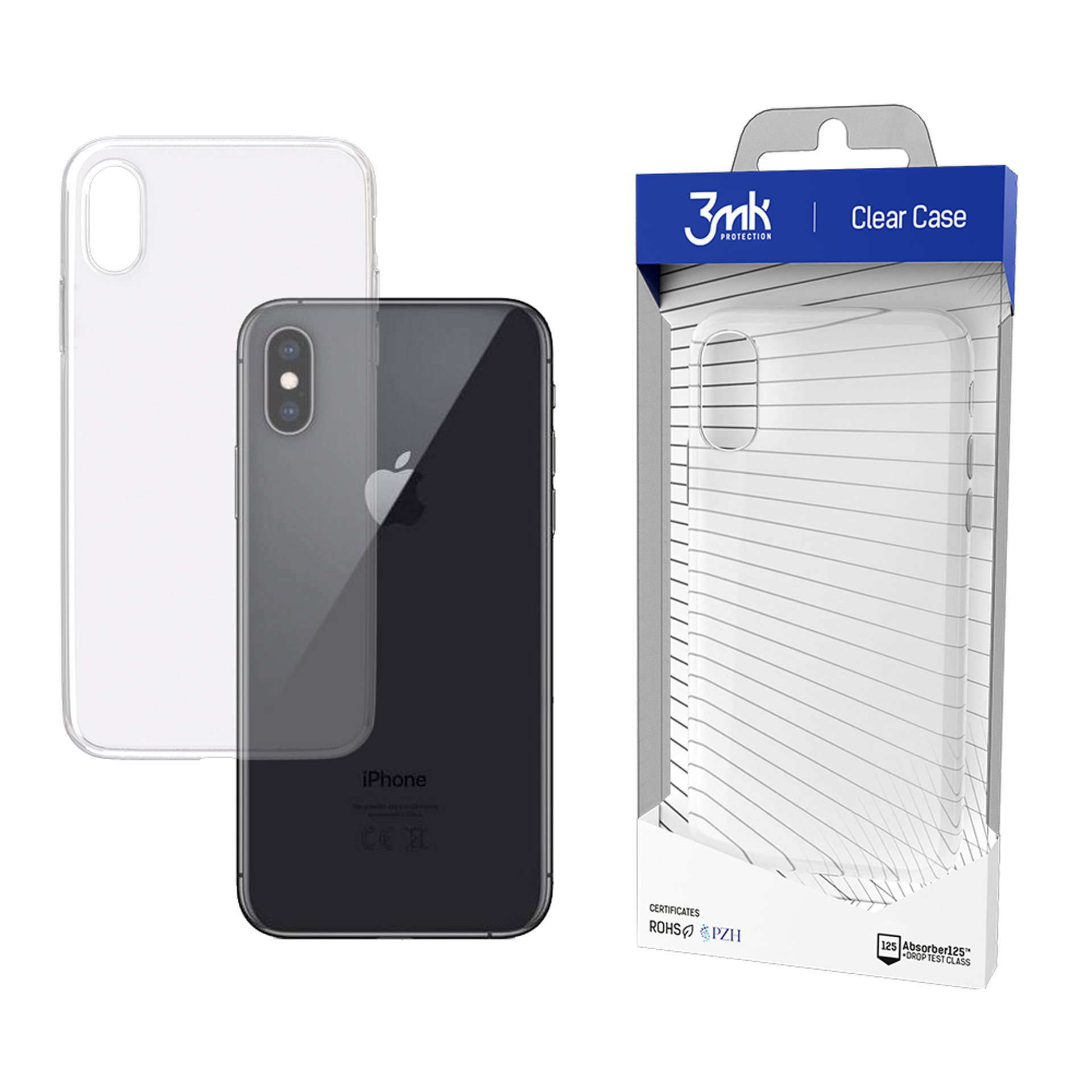 iPhone z przezroczystym etui i etui w pudełku. iPhone jest czarny z logo Apple.