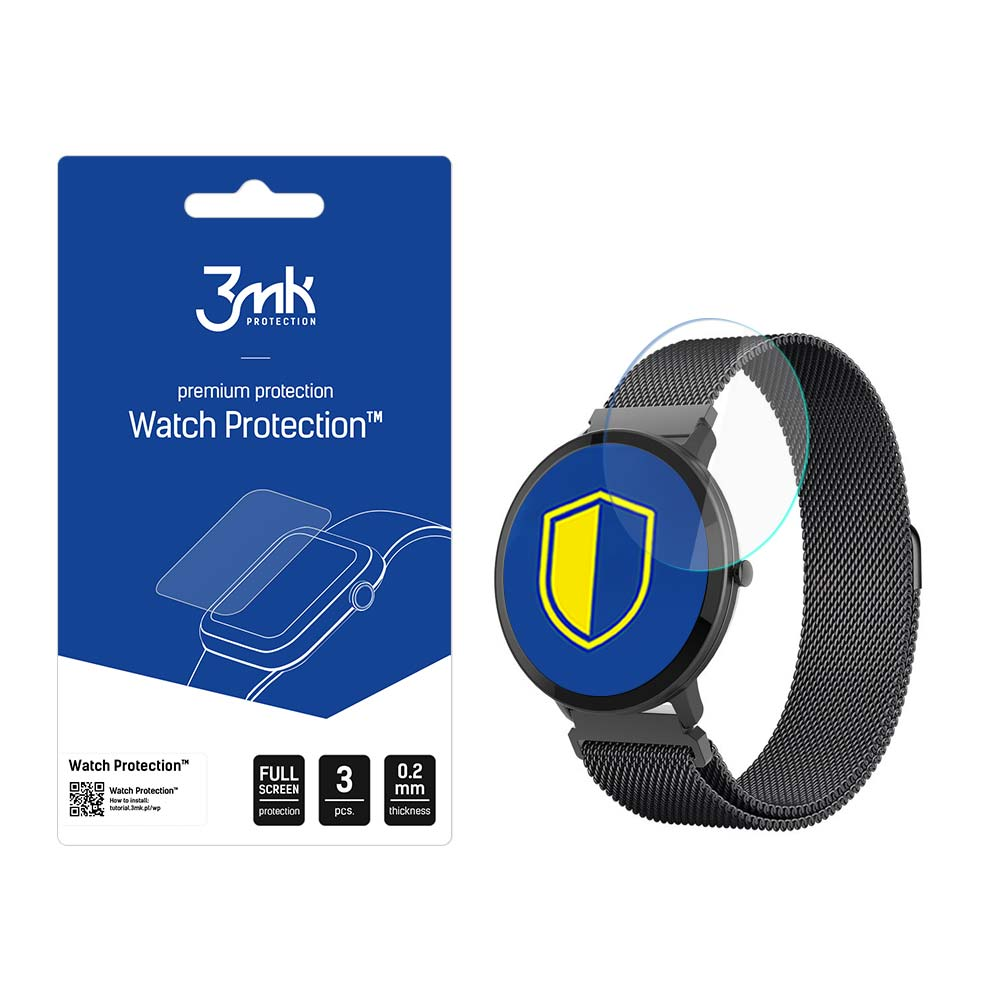 Uno smartwatch con protezione schermo e confezione con logo del marchio e nome del prodotto. L'orologio ha un cinturino nero e schermo blu.