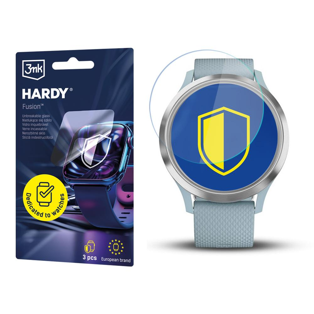 Prezentowany jest smartwatch i opakowanie ochronne ekranu. Opakowanie zawiera tekst i obraz zegarka, z ikoną tarczy na zegarku.