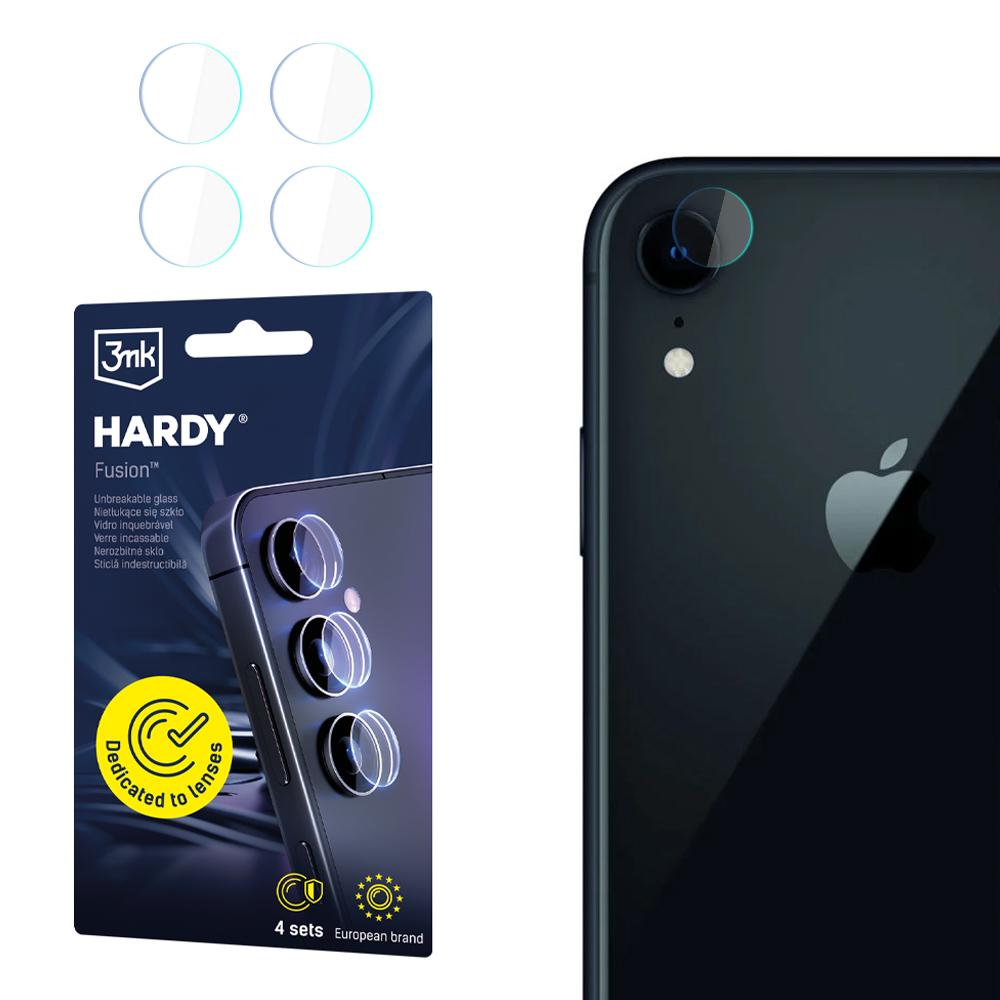 iPhone z osłonami obiektywu i opakowanie osłon obiektywu 3mk HARDY Fusion. Telefon jest czarny, a opakowanie granatowe.
