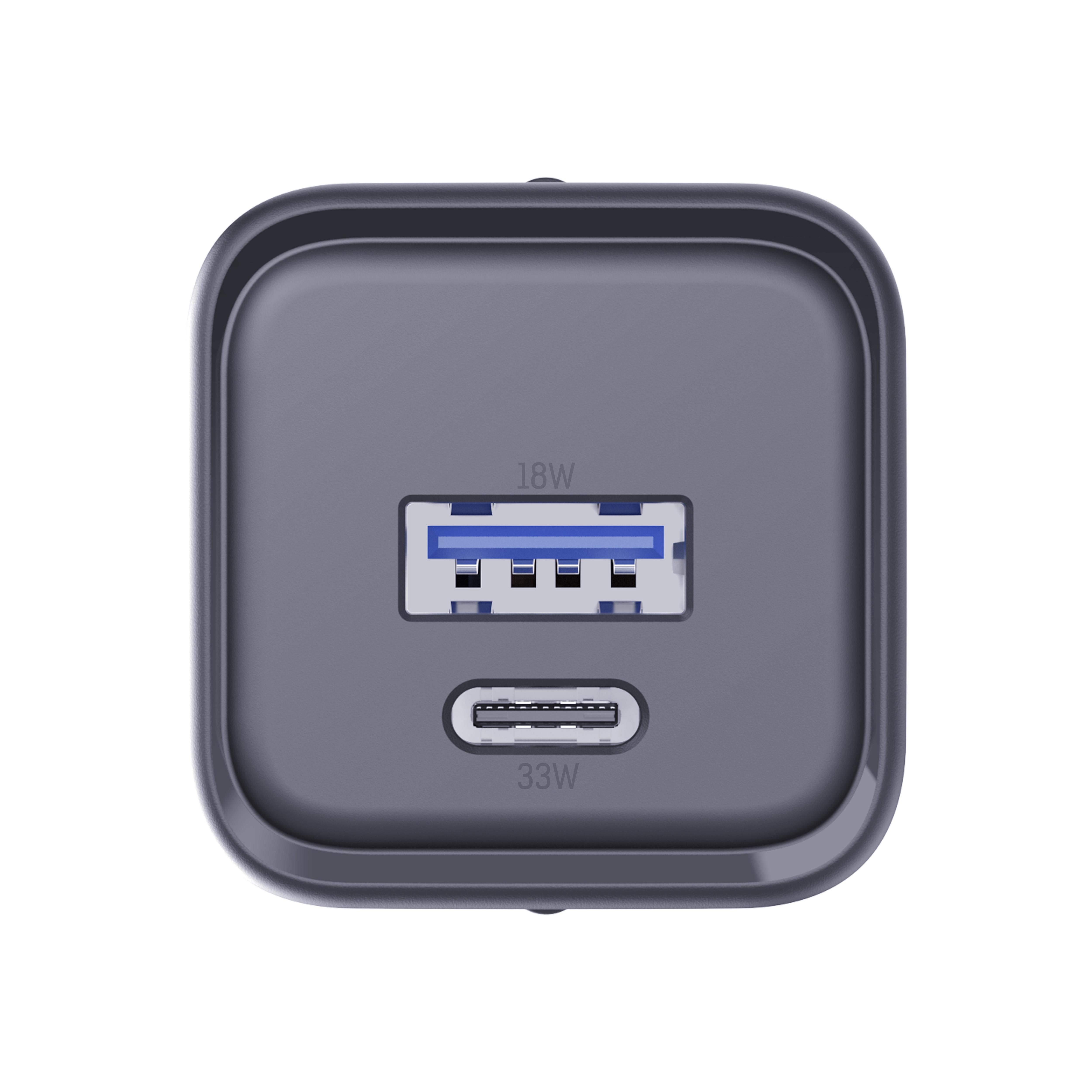 Szara ładowarka do telefonu z portami USB i USB-C. Ma zaokrąglone krawędzie i białe tło.