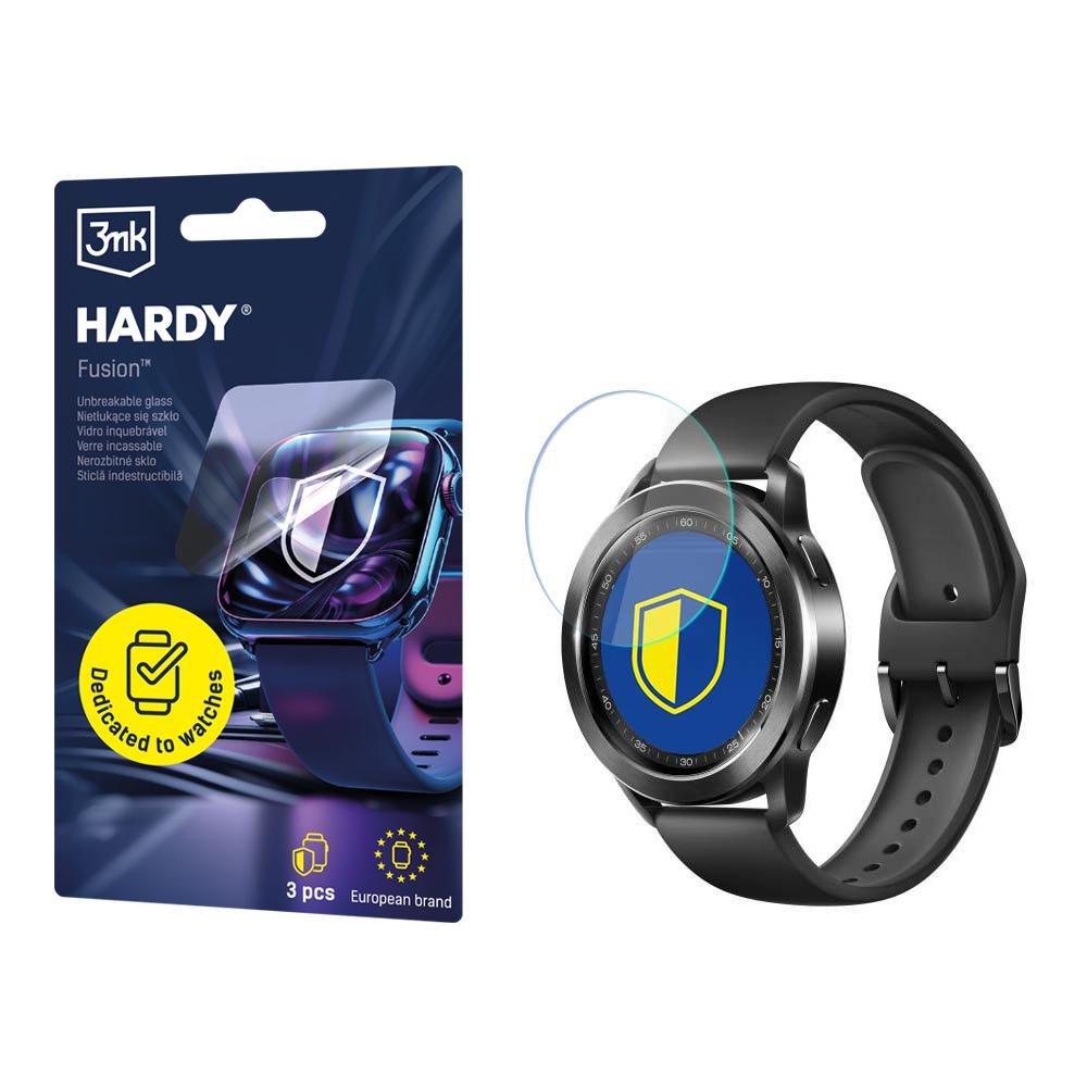 Smartwatch i opakowanie na osłonę ekranu. Zegarek jest czarny z niebiesko-żółtym wyświetlaczem. Opakowanie jest niebiesko-czarne.