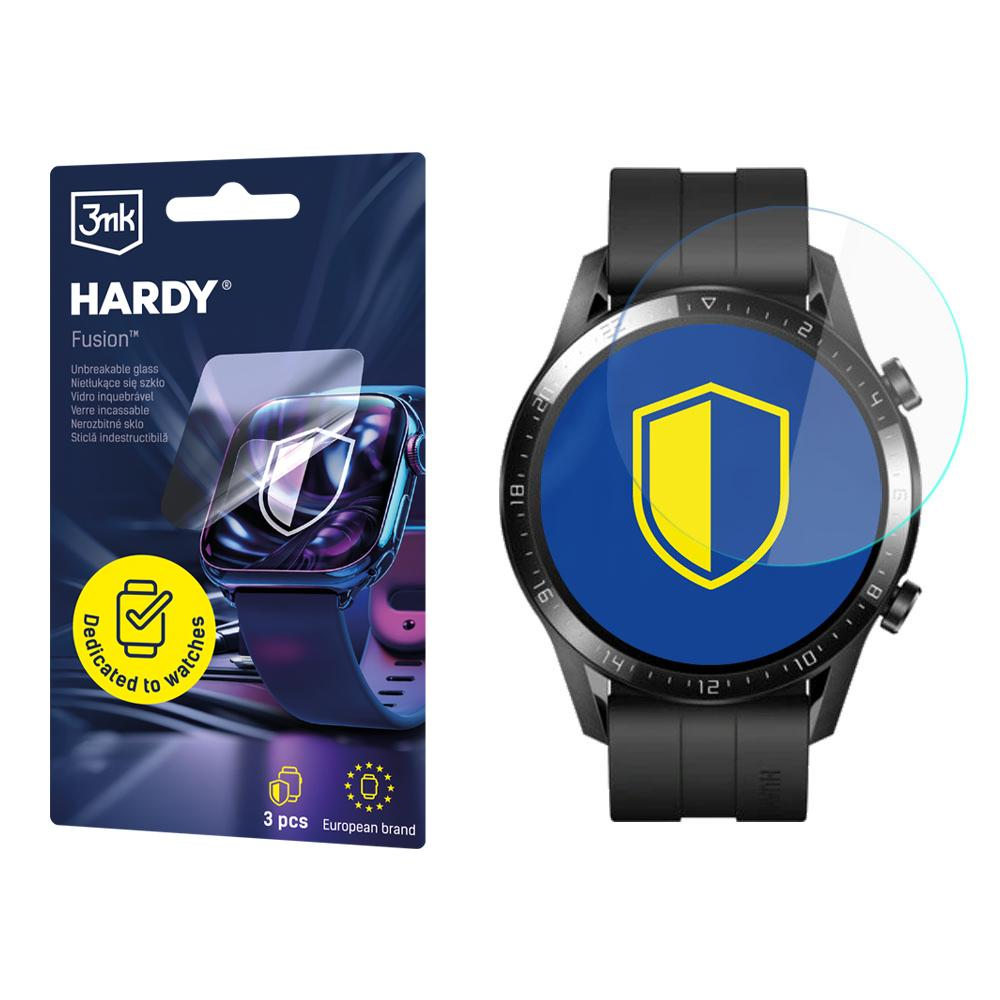Smartwatch z ochraniaczem ekranu i opakowaniem. Ochraniacz ma logo tarczy. Opakowanie wyświetla tekst i logo.