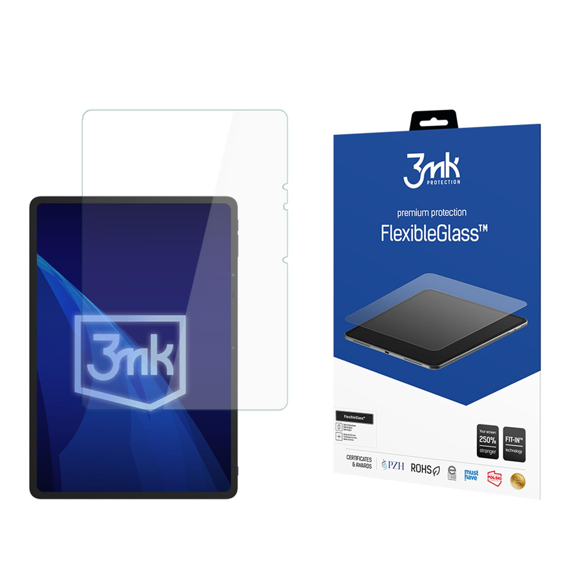 Un tablet con protezione schermo accanto alla sua scatola, entrambi con il logo 3mk e il marchio FlexibleGlass.