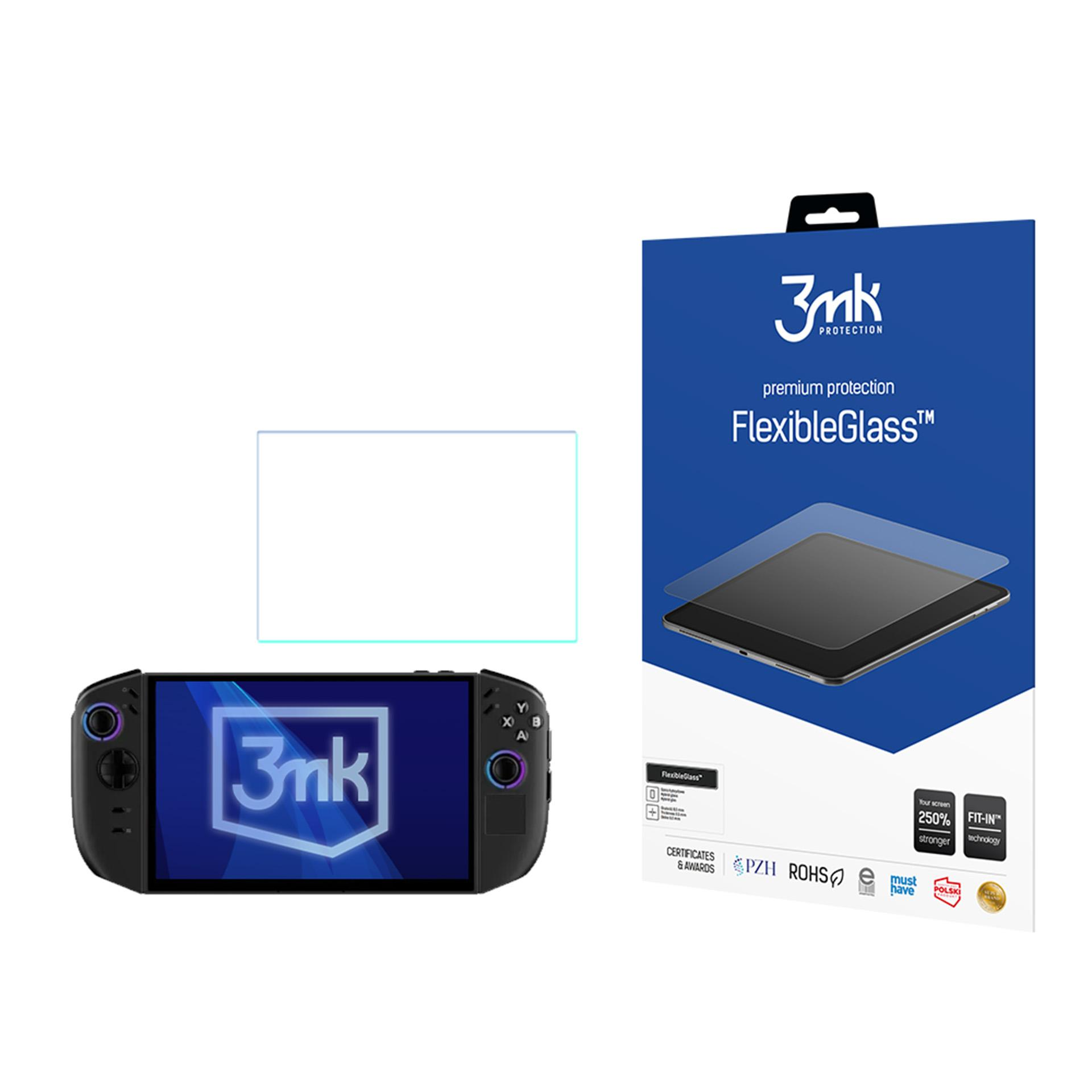 Pokazano przenośną konsolę do gier i pudełko ochronne na ekran. Pudełko jest niebiesko-białe, konsola czarna.