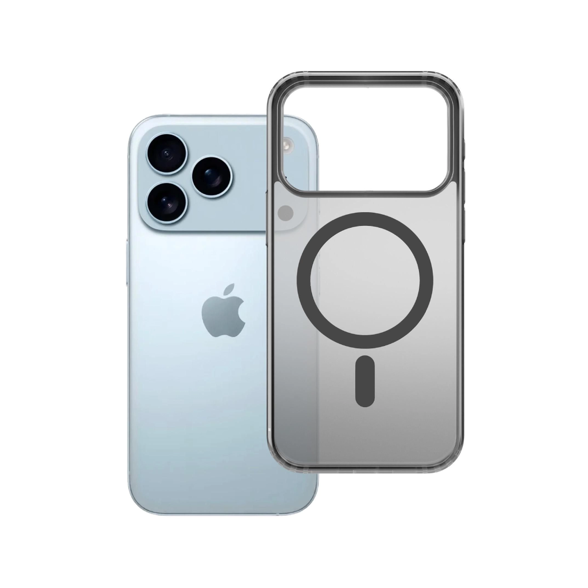 Un iPhone azzurro accanto a una custodia trasparente. L'iPhone ha tre obiettivi. La custodia ha un anello magnetico.