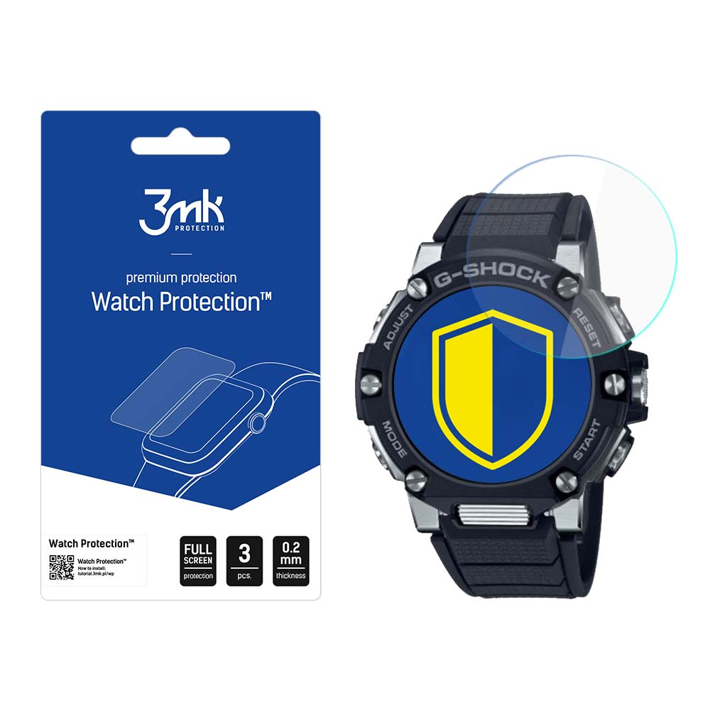 Un orologio e un imballaggio per una protezione dello schermo. L'orologio è nero. L'imballaggio è blu con testo e un'illustrazione dell'orologio.