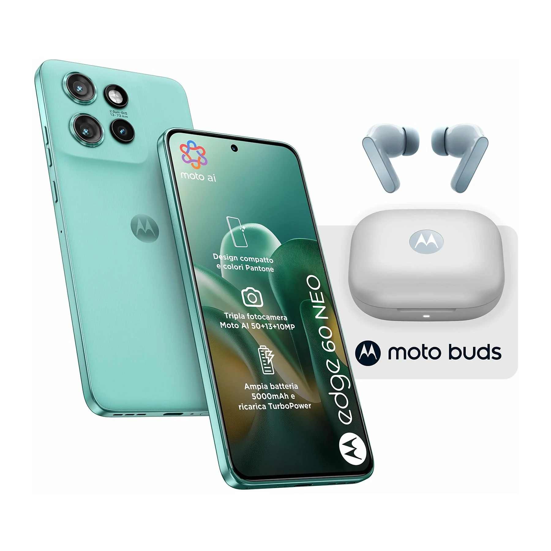 Miętowy zielony smartfon, słuchawki i etui ładujące. Ekran telefonu wyświetla funkcje. Widoczne marki Moto buds i Edge 60 Neo.