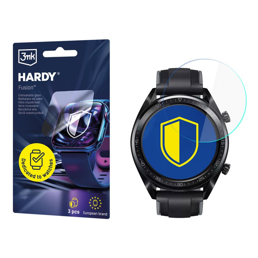 Smartwatch z ochroną ekranu obok opakowania. Na opakowaniu napisano 'HARDY Fusion' i 'dedicated to watches'.