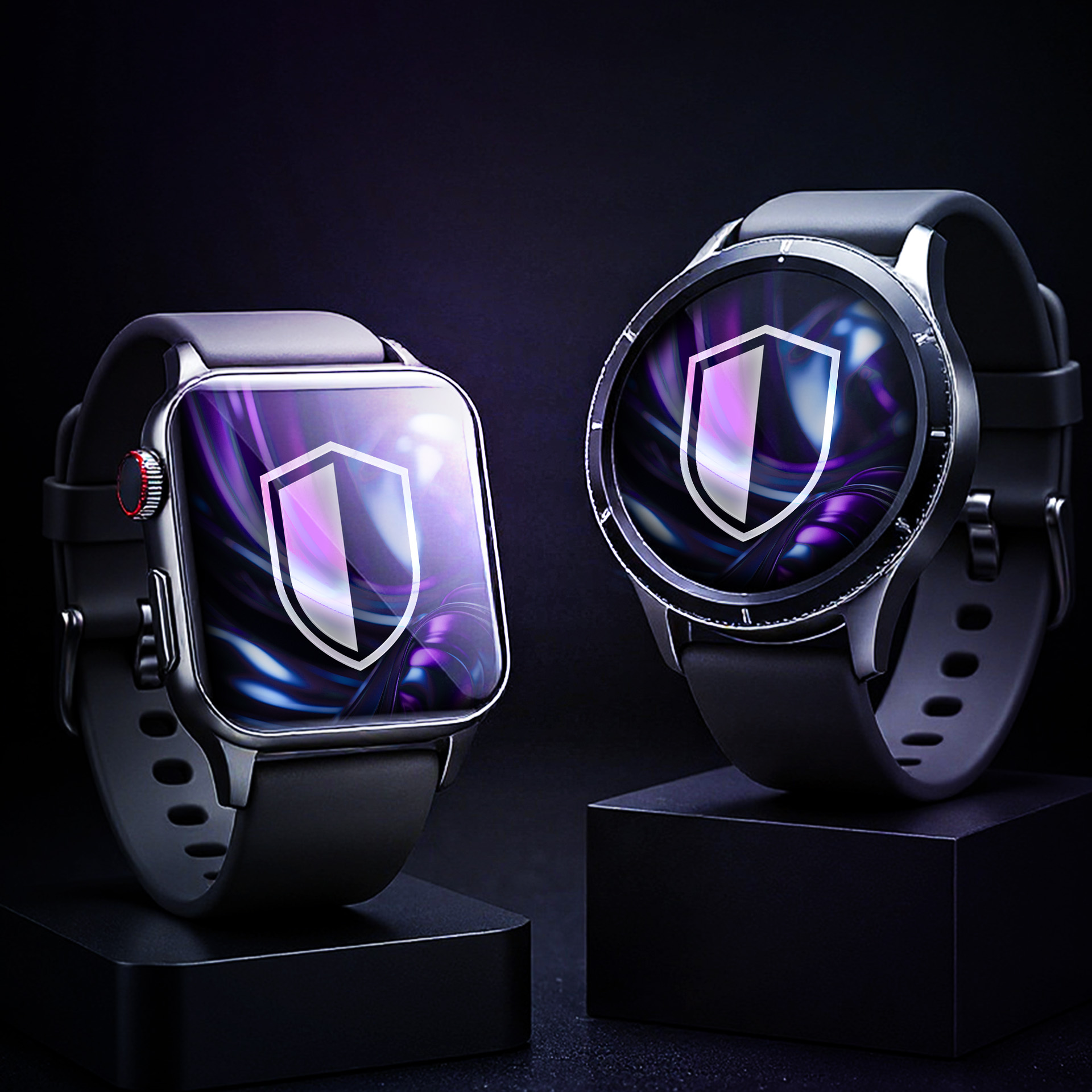 Dwa smartwatche na podstawkach. Jeden kwadratowy, jeden okrągły, oba pokazują ikonę tarczy na fioletowym tle.
