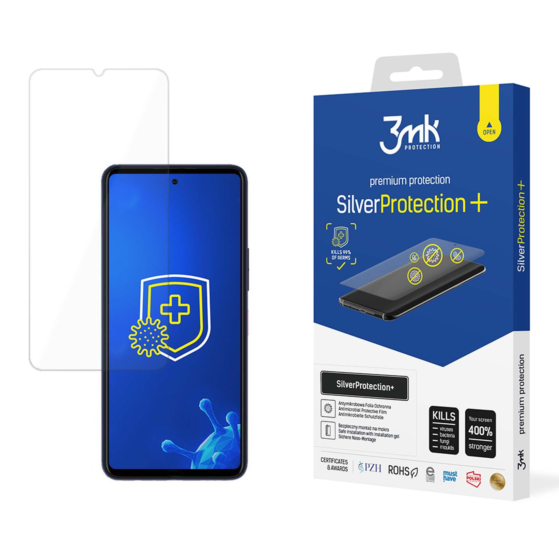 Un telefono e una scatola per la protezione dello schermo sono mostrati. La scatola ha un testo che dice 'Silver Protection +'. Il telefono mostra un simbolo più.