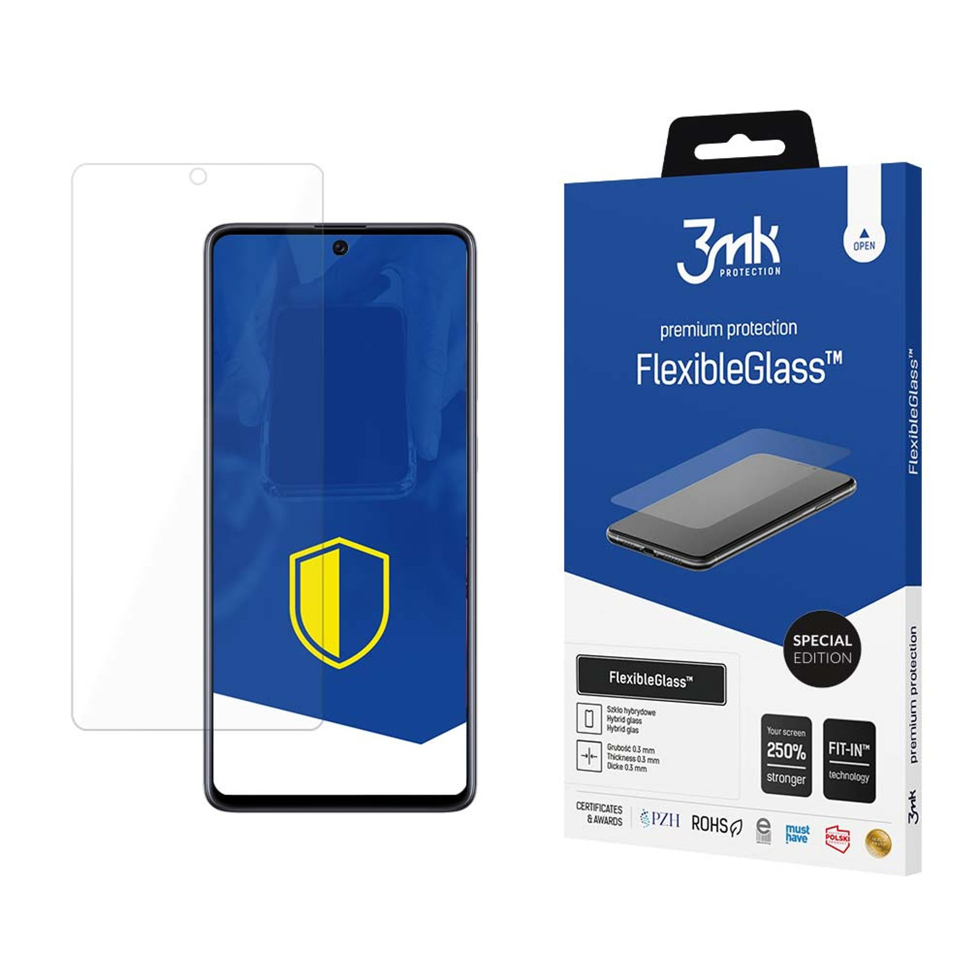 Telefon z ochroną ekranu obok pudełka FlexibleGlass. Pudełko ma logo 3mk i szczegóły produktu.