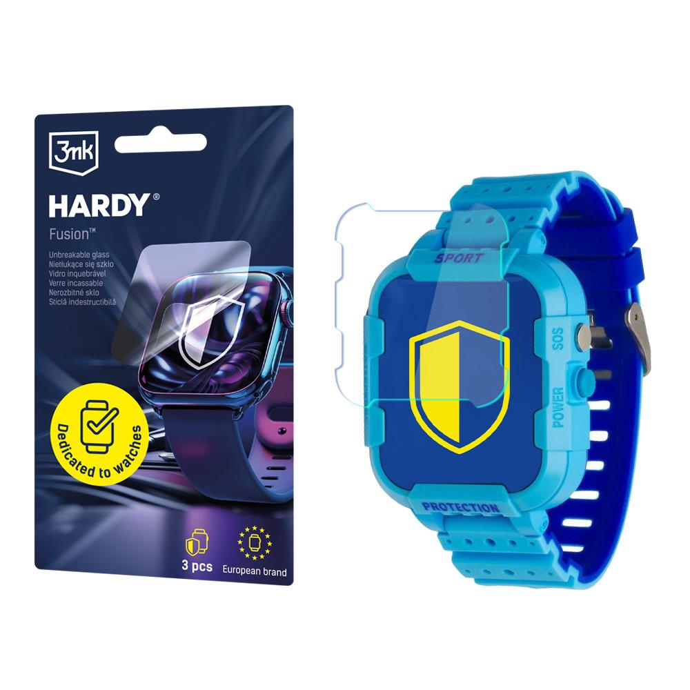 Niebieski smartwatch z folią ochronną oraz opakowanie z marką 'HARDY' i 'Fusion'.