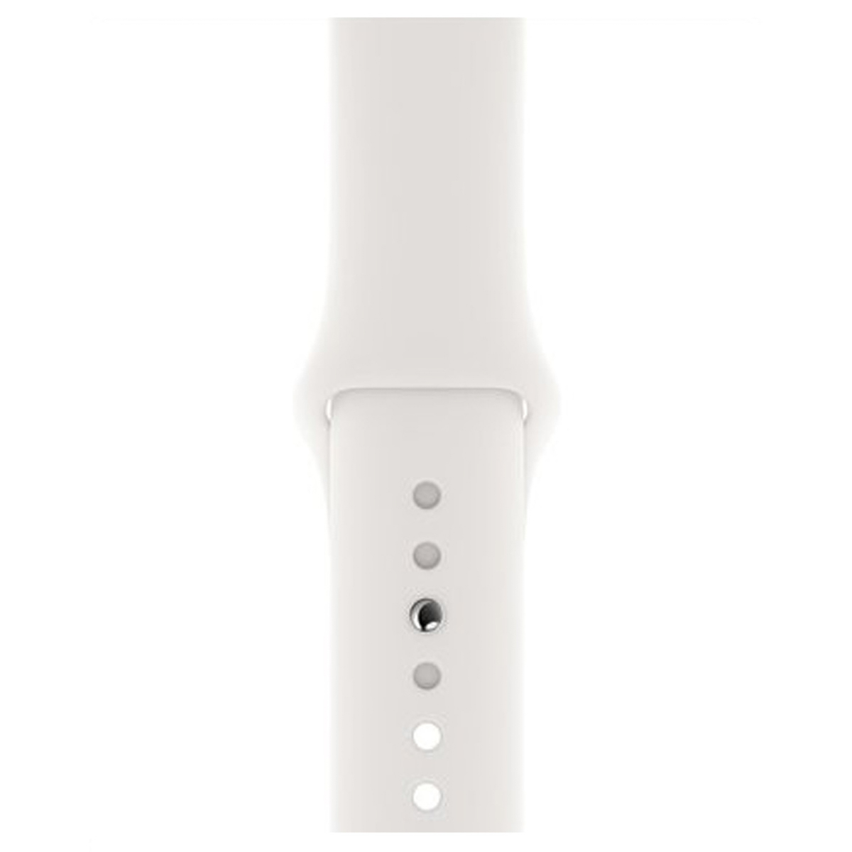 Nahaufnahme eines weißen Apple Watch-Armbands. Das Armband hat mehrere Löcher und einen Metallverschluss.