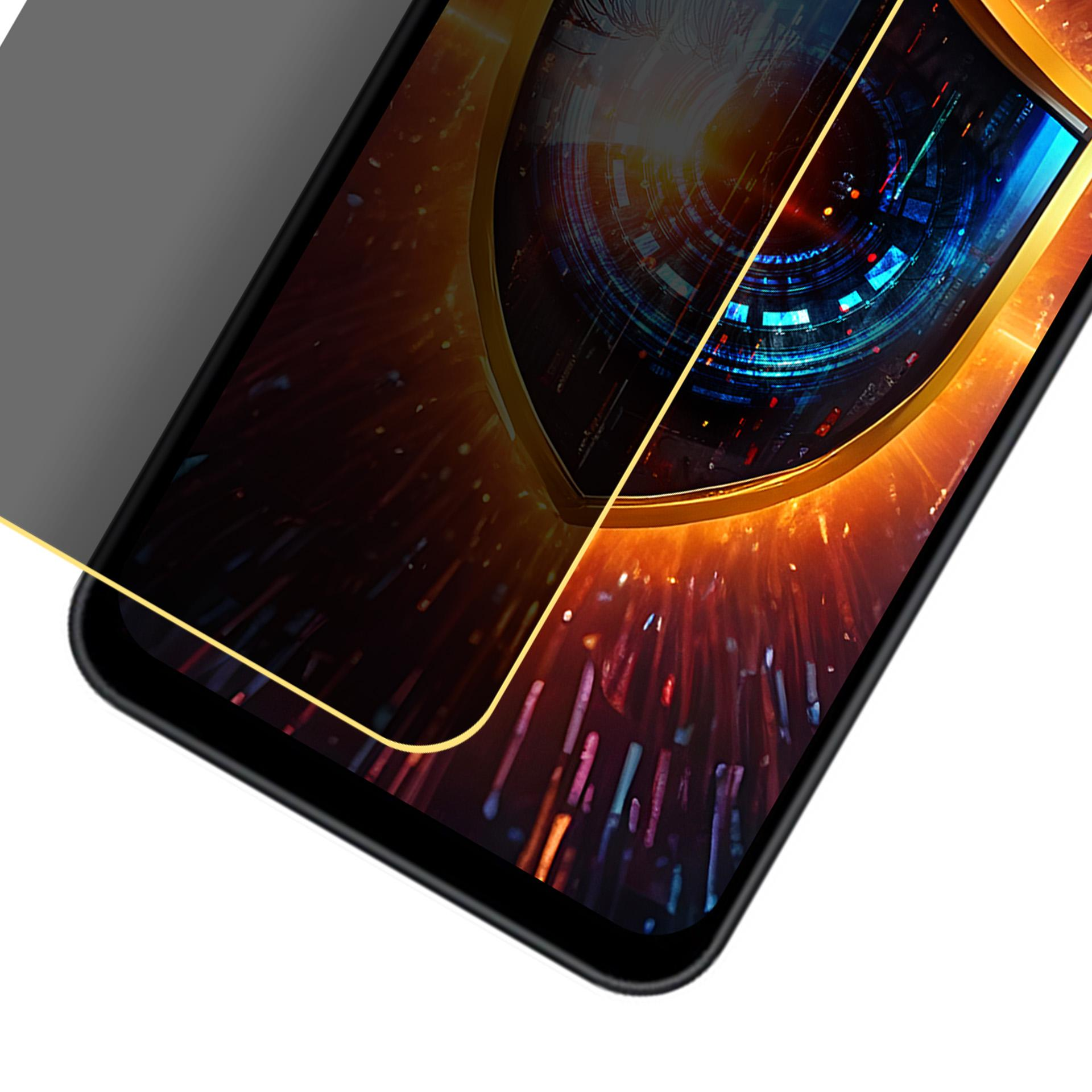 Smartfon z ekranem wyświetlającym kolorowy, abstrakcyjny wzór. Nad nim umieszczono ekran prywatności.