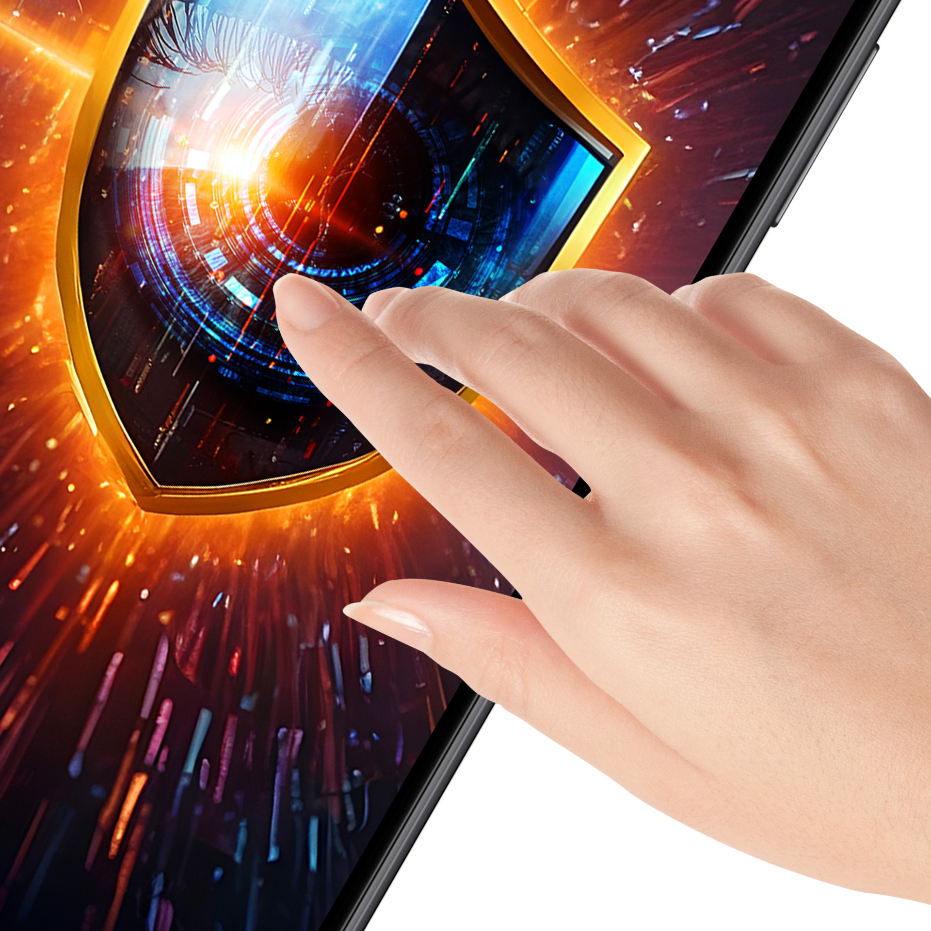 Una mano tocca uno schermo che mostra uno scudo con motivi digitali e uno sfondo arancione e blu.