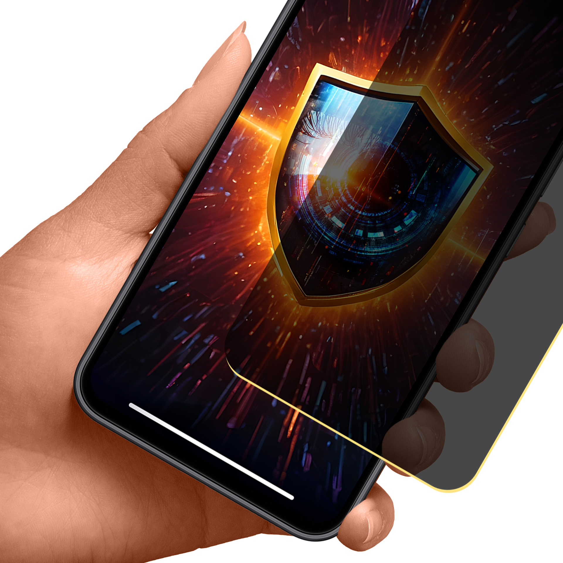 Mano che tiene un telefono con un'icona a scudo sullo schermo. Lo sfondo è un'esplosione di luce rossa e arancione.