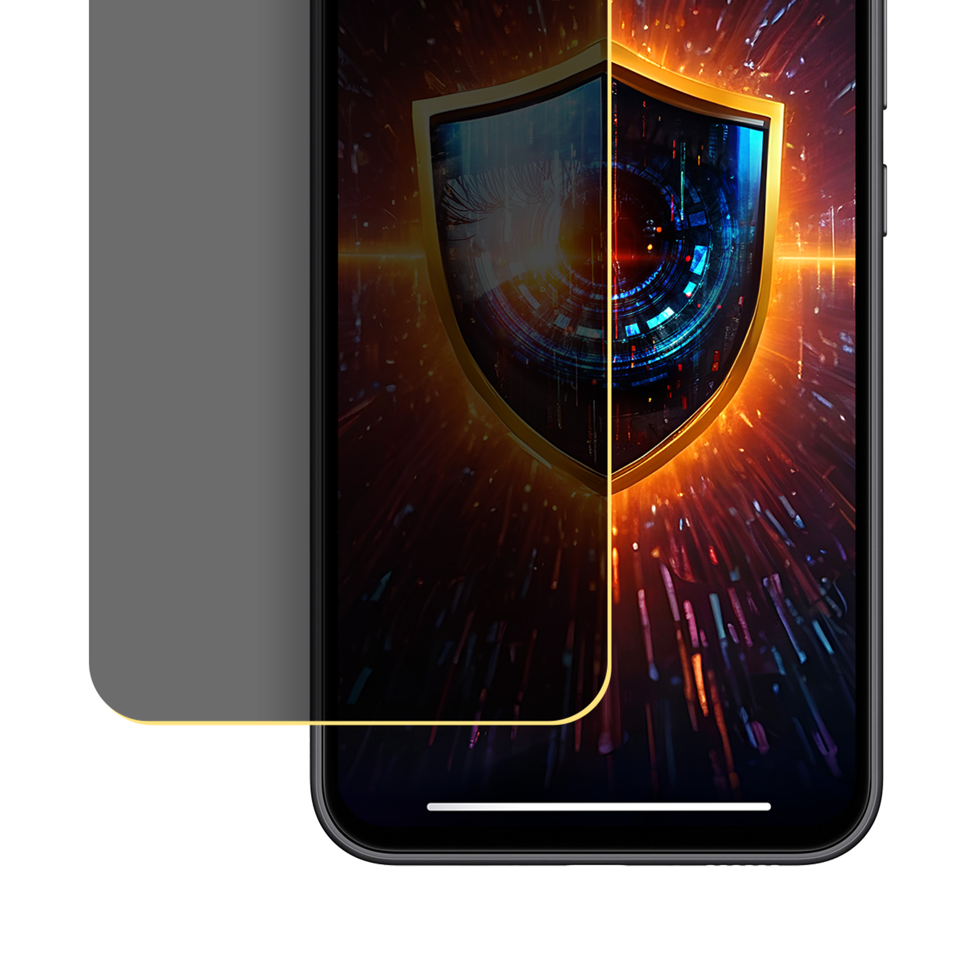 Telefono con protezione schermo. Grafica scudo sul display. Protezione schermo grigio scuro a sinistra.