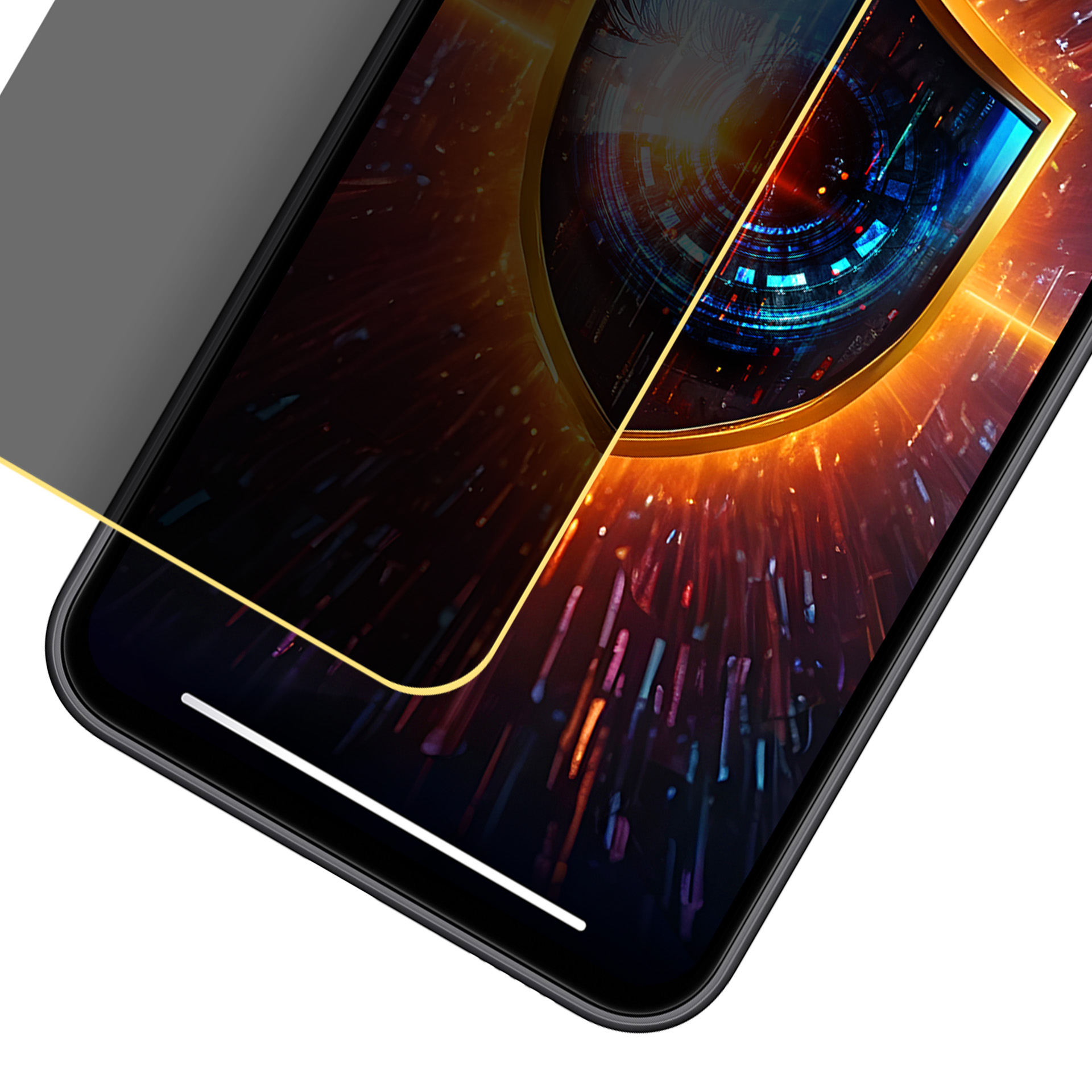 Smartphone con grafica a forma di occhio sullo schermo, sovrapposto con una protezione per lo schermo. Sfondo con effetti di luce colorati.