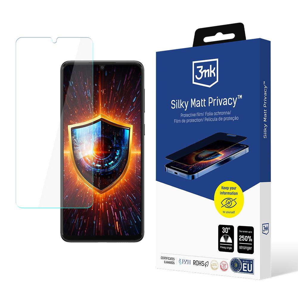 Un proteggi schermo e una scatola. La scatola dice 'Silky Matt Privacy'. Il proteggi schermo è accanto allo schermo di un telefono.