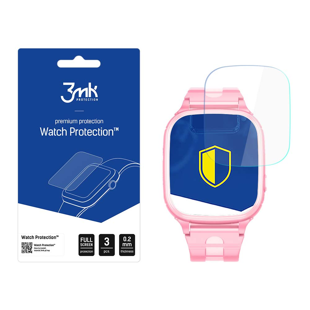Różowy smartwatch z ochraniaczem ekranu i opakowaniem 3mk Watch Protection. Opakowanie jest niebieskie z białym tekstem.