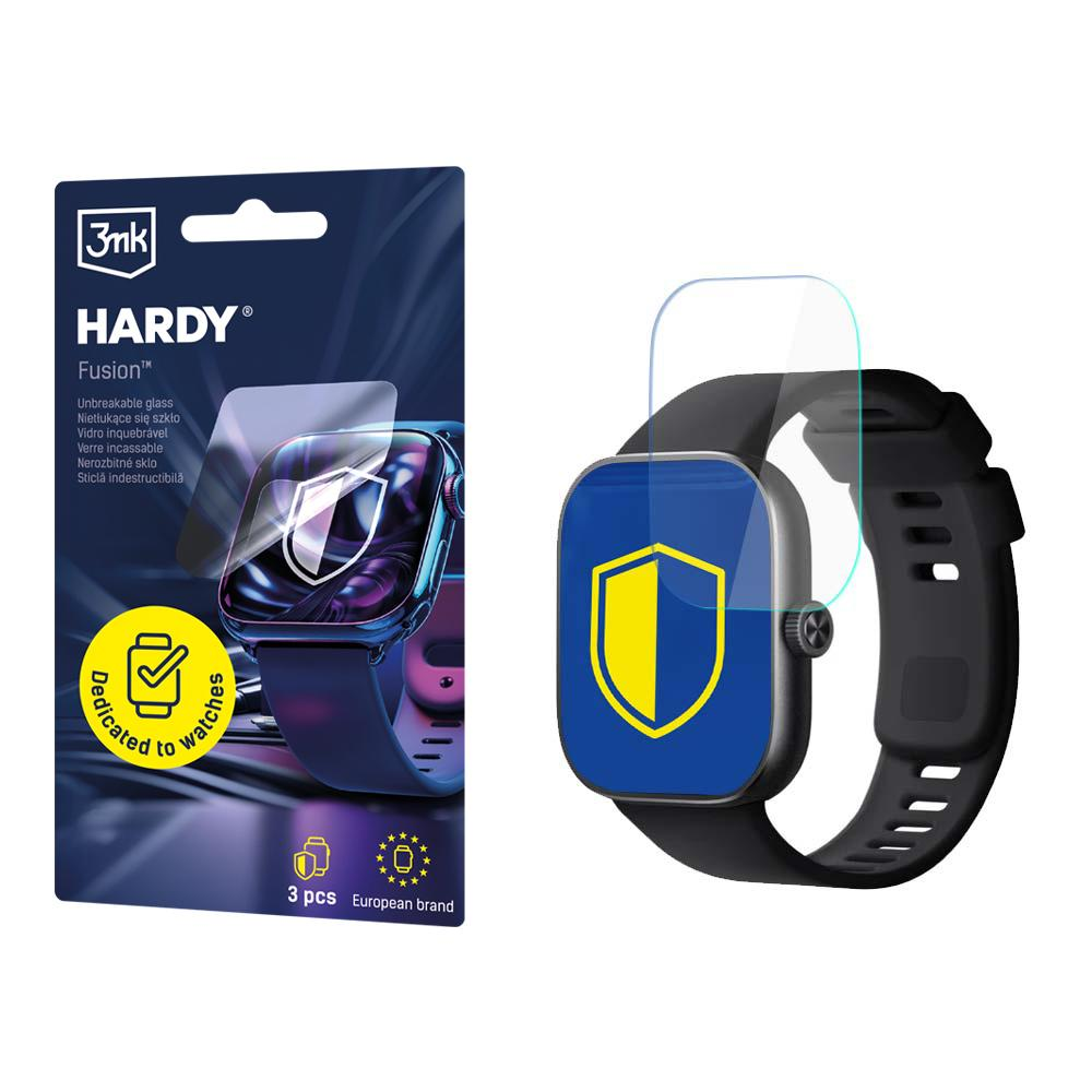 Obrazek przedstawia folię ochronną na ekran zegarka i smartwatch. Ochraniacz jest do Hardy Fusion. Ma niebieskie i żółte logo tarczy.