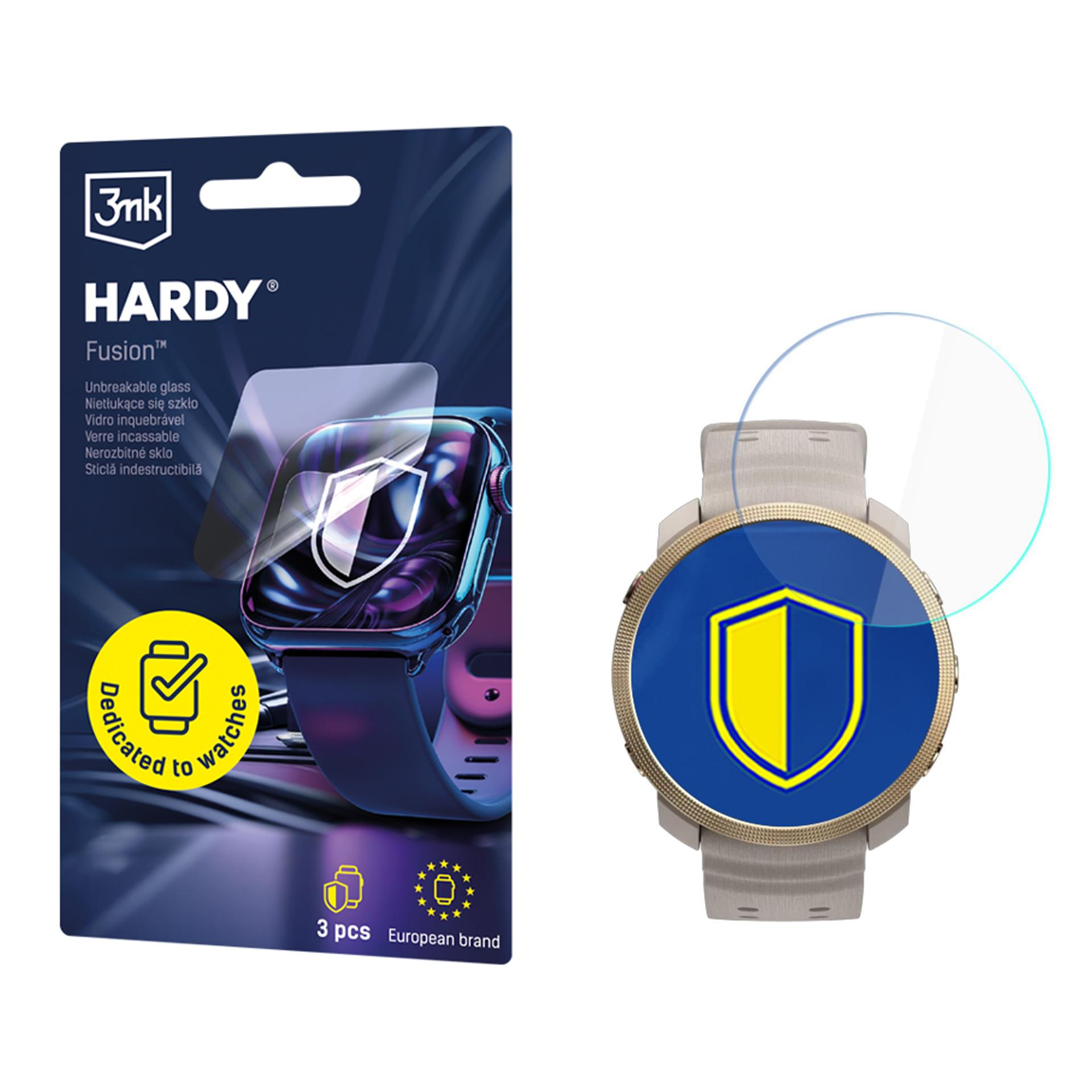 Obraz przedstawia osłonę ekranu zegarka i smartwatch. Ochrona jest na opakowaniu. Zegarek ma niebiesko-żółtą tarczę.
