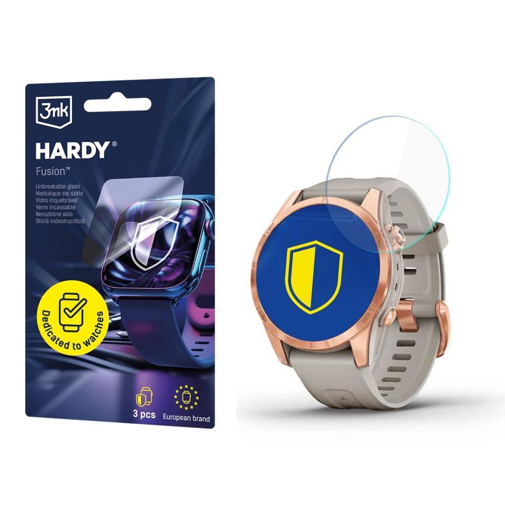 Zegarek i opakowanie ochronne ekranu. Ochraniacz wyświetla tarczę na tarczy zegarka. Opakowanie mówi 'HARDY Fusion'.