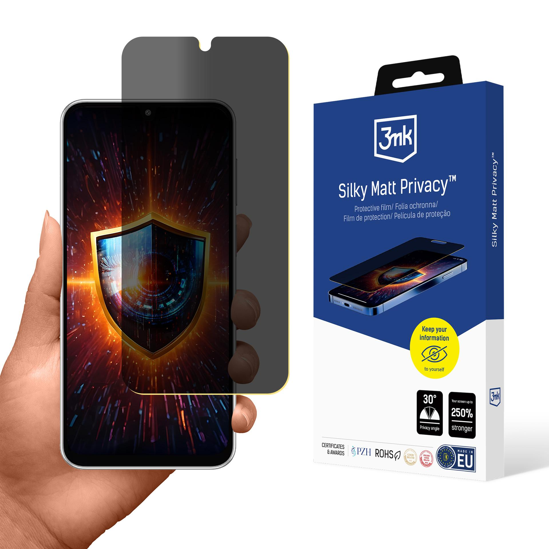 Una mano tiene un telefono con schermo privacy. A destra c'è una scatola con 'Silky Matt Privacy'.