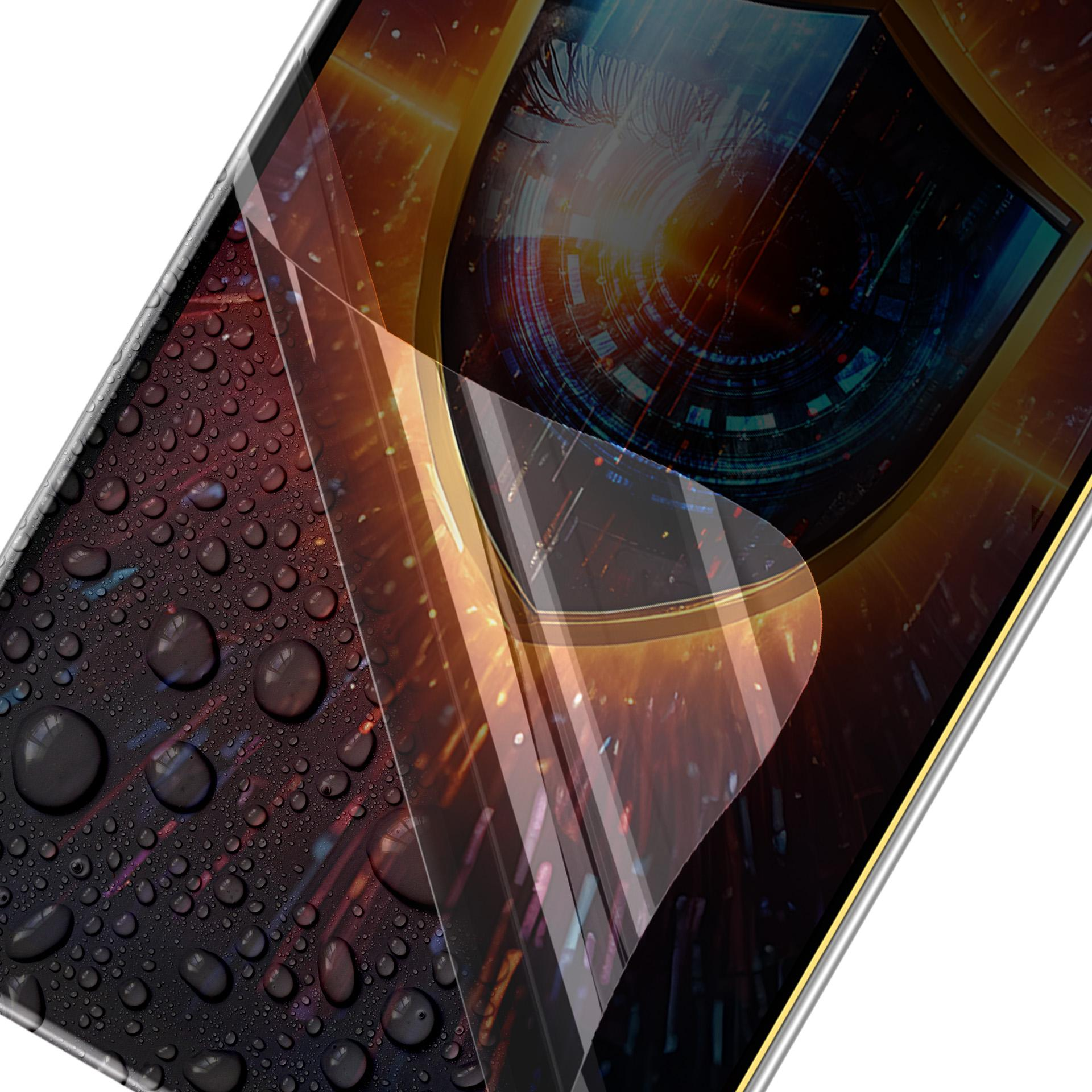 Schermo del telefono con design a scudo, coperto da goccioline d'acqua. Colori: arancione, blu e nero.